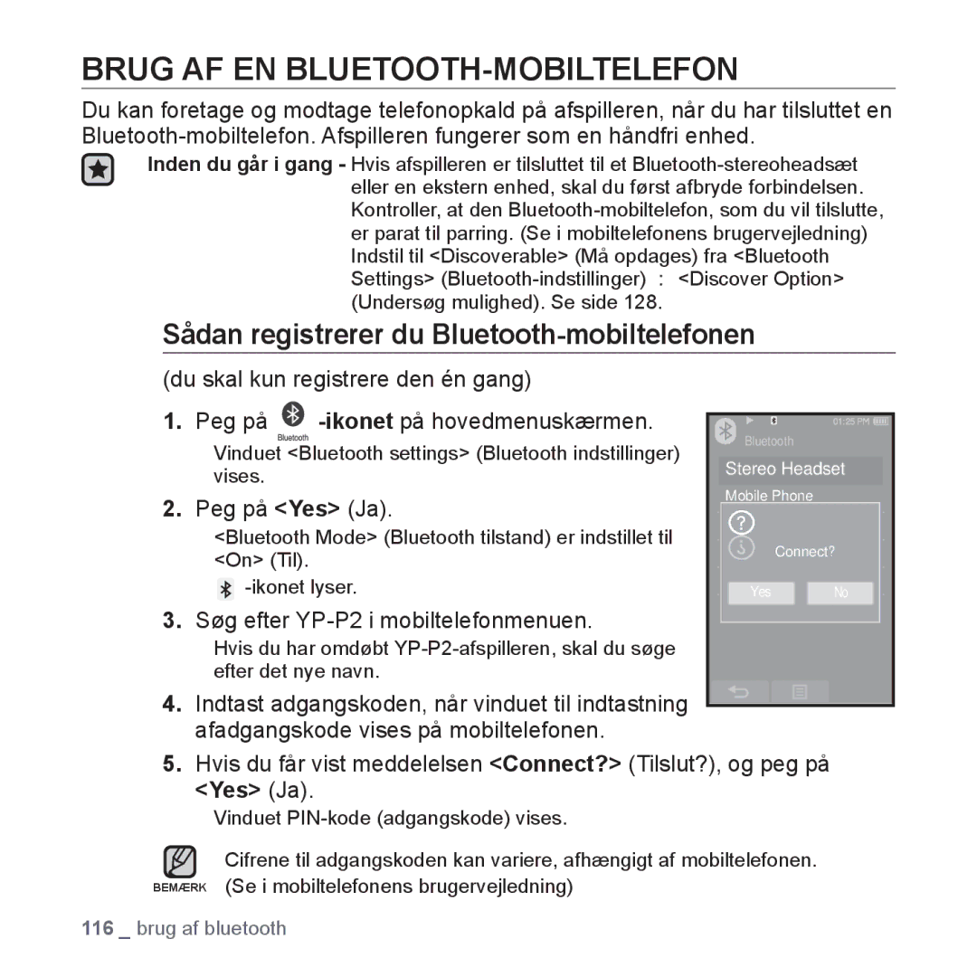 Samsung YP-P2JAW/XEE, YP-P2JEB/XEE manual Brug AF EN BLUETOOTH-MOBILTELEFON, Sådan registrerer du Bluetooth-mobiltelefonen 