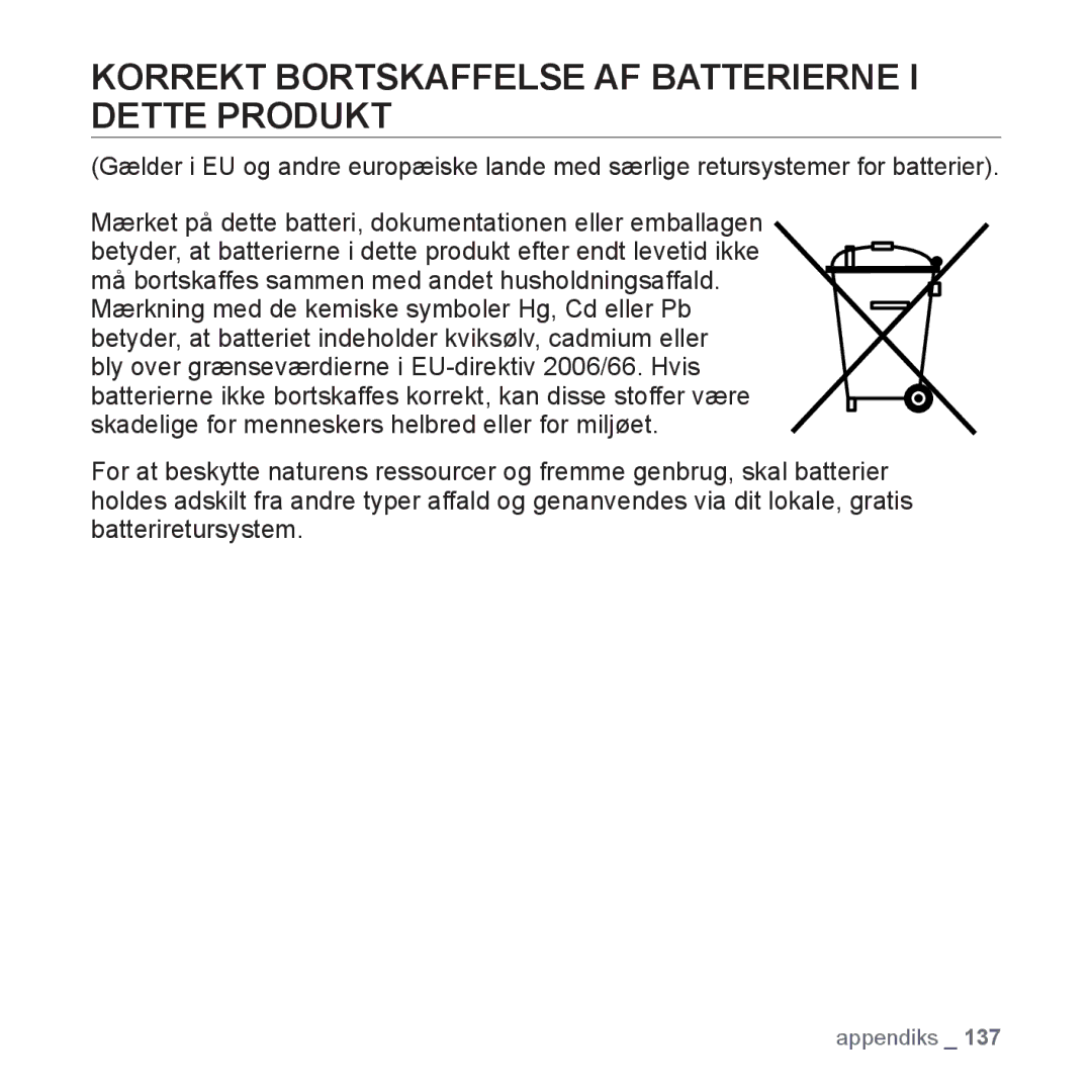 Samsung YP-P2JCB/XEE, YP-P2JEB/XEE, YP-P2JAW/XEE, YP-P2JCW/XEE manual Korrekt Bortskaffelse AF Batterierne I Dette Produkt 