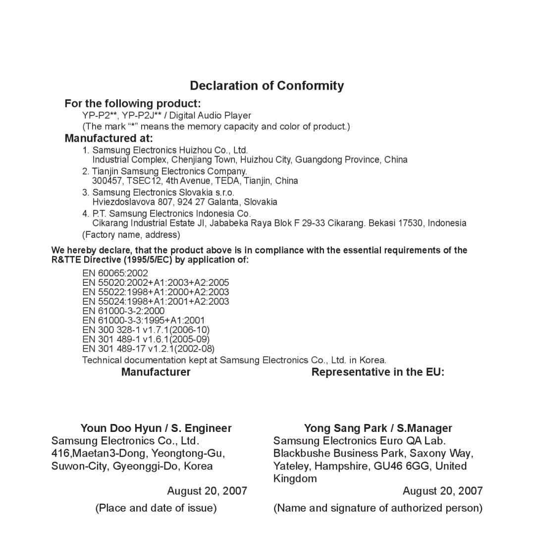 Samsung YP-P2JCW/XEE, YP-P2JEB/XEE, YP-P2JAW/XEE, YP-P2JCB/XEE manual Declaration of Conformity, For the following product 