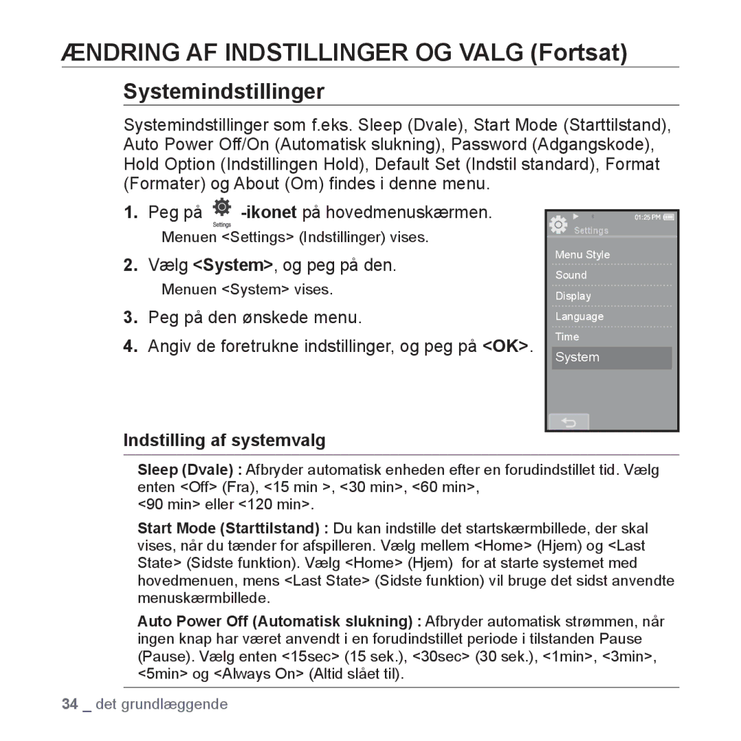 Samsung YP-P2JAB/XEE, YP-P2JEB/XEE, YP-P2JAW/XEE Systemindstillinger, Vælg System, og peg på den, Indstilling af systemvalg 