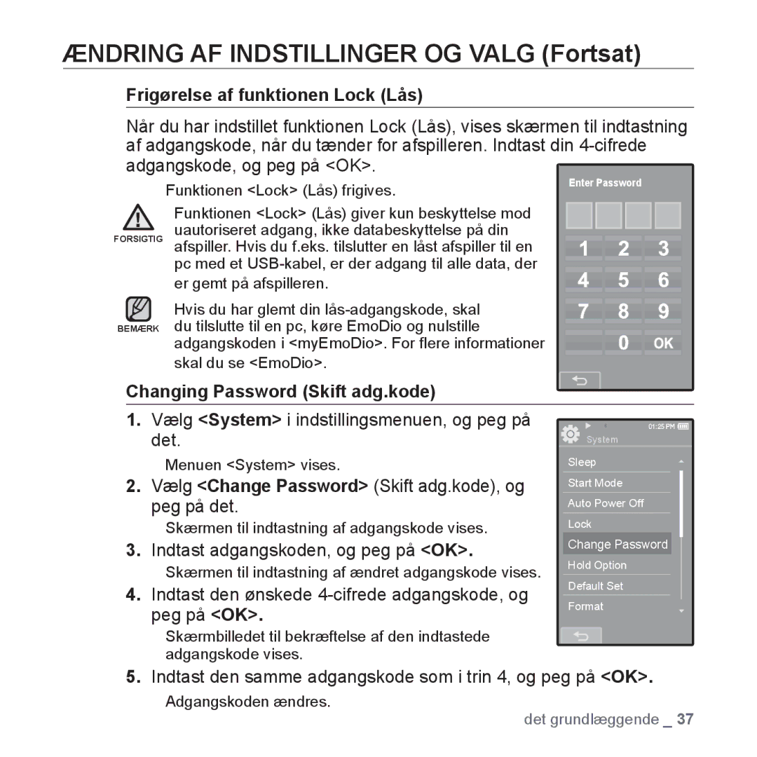 Samsung YP-P2JCB/XEE, YP-P2JEB/XEE, YP-P2JAW/XEE manual Frigørelse af funktionen Lock Lås, Changing Password Skift adg.kode 