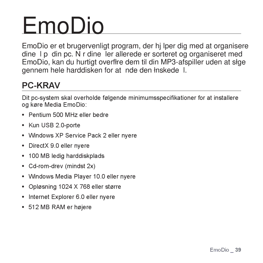 Samsung YP-P2JAB/XEE, YP-P2JEB/XEE, YP-P2JAW/XEE, YP-P2JCB/XEE, YP-P2JCW/XEE manual EmoDio, Pc-Krav 