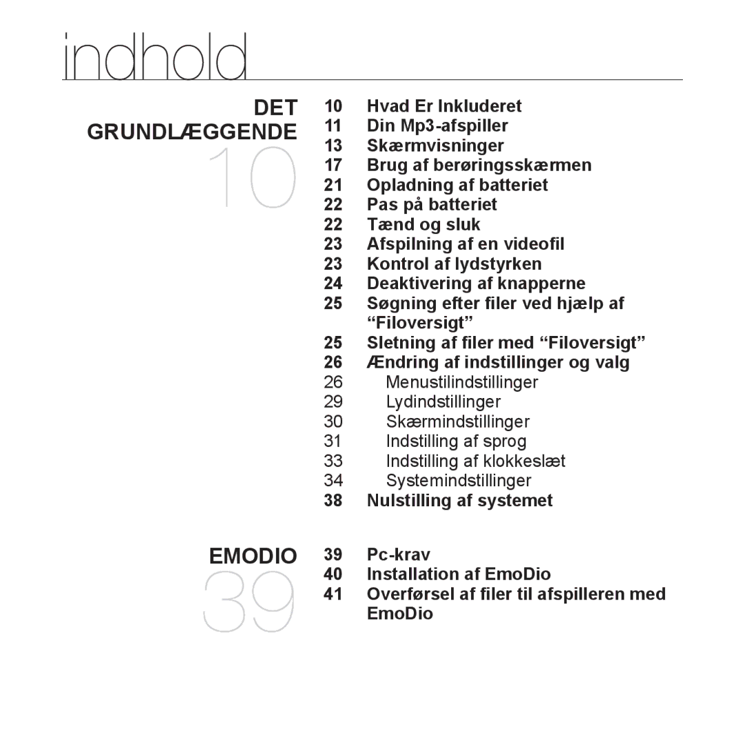 Samsung YP-P2JAW/XEE, YP-P2JEB/XEE, YP-P2JCB/XEE manual Indhold, Nulstilling af systemet, Pc-krav, Installation af EmoDio 