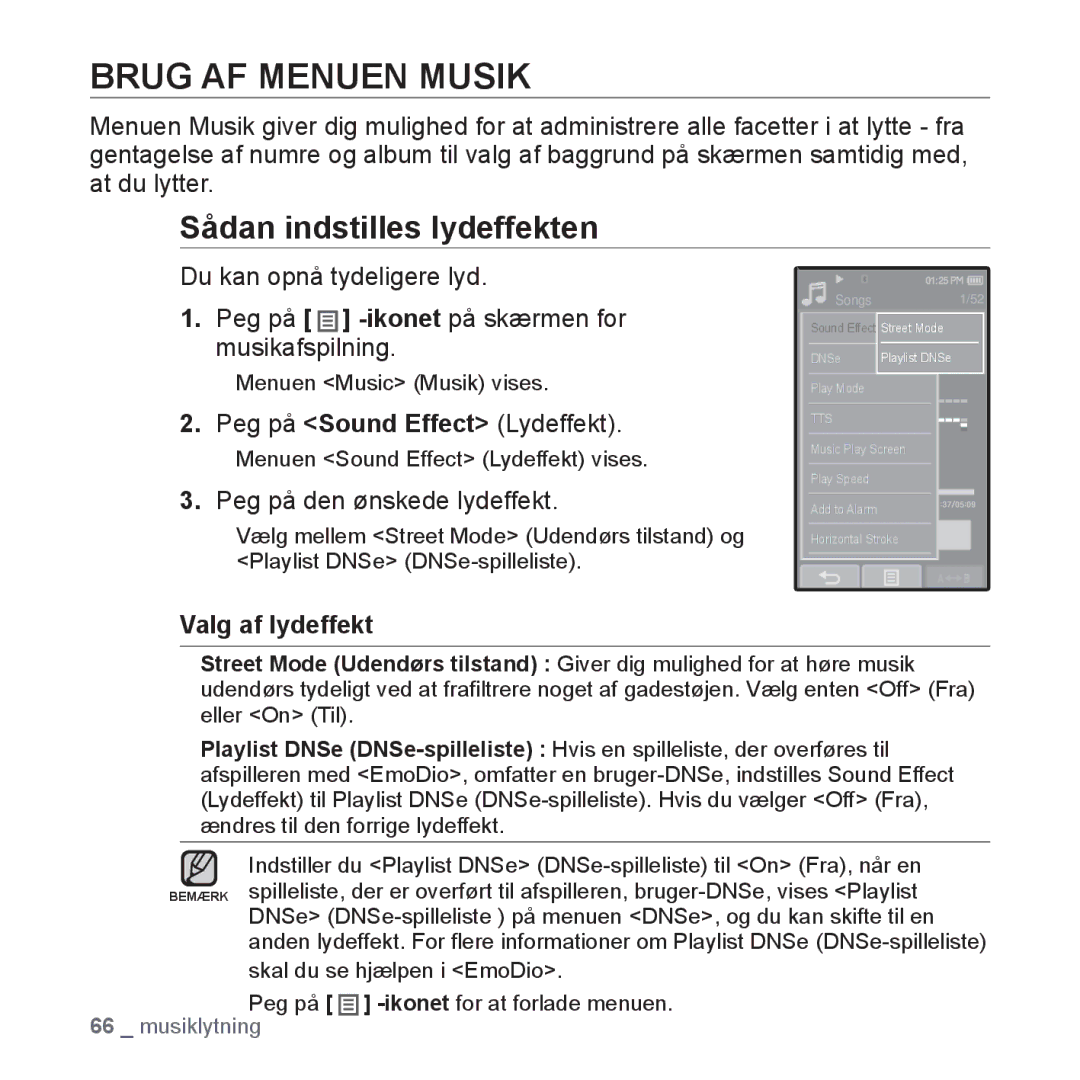 Samsung YP-P2JAW/XEE Brug AF Menuen Musik, Sådan indstilles lydeffekten, Peg på Sound Effect Lydeffekt, Valg af lydeffekt 