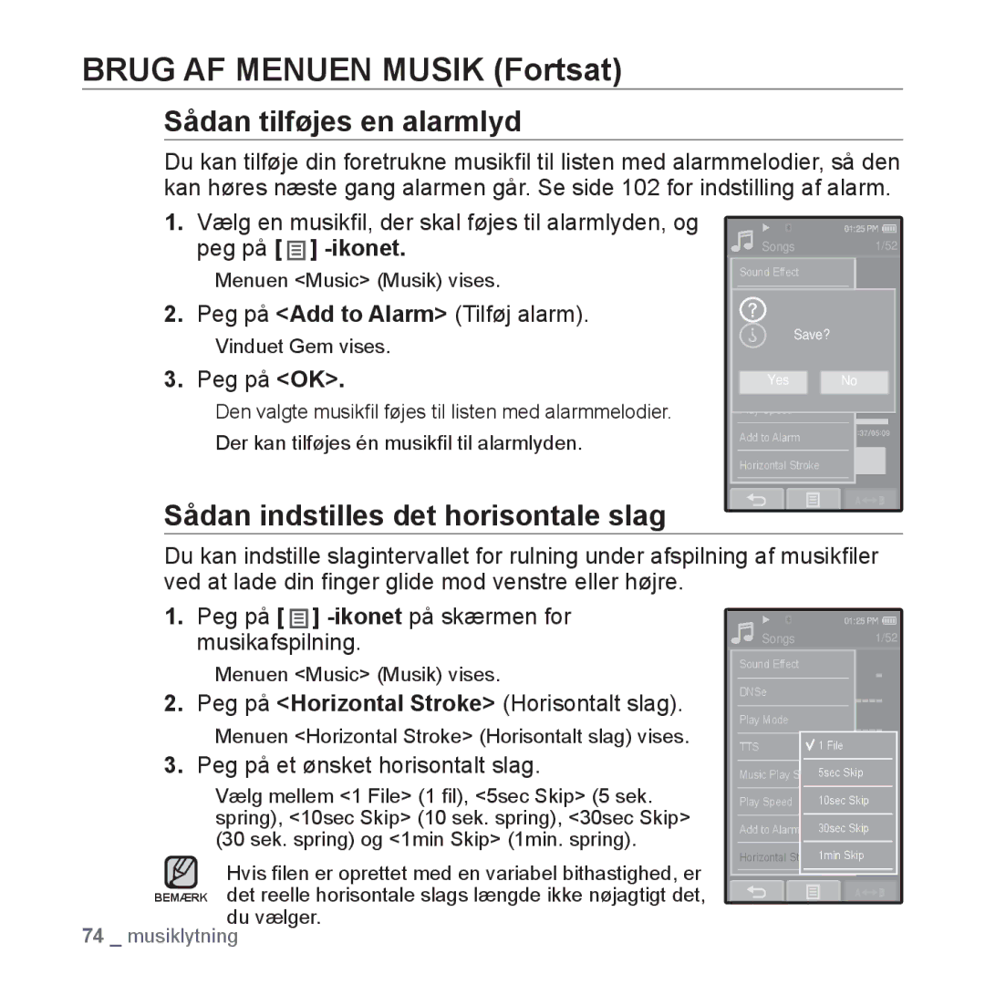 Samsung YP-P2JAB/XEE, YP-P2JEB/XEE, YP-P2JAW/XEE, YP-P2JCB/XEE Sådan tilføjes en alarmlyd, Peg på Add to Alarm Tilføj alarm 