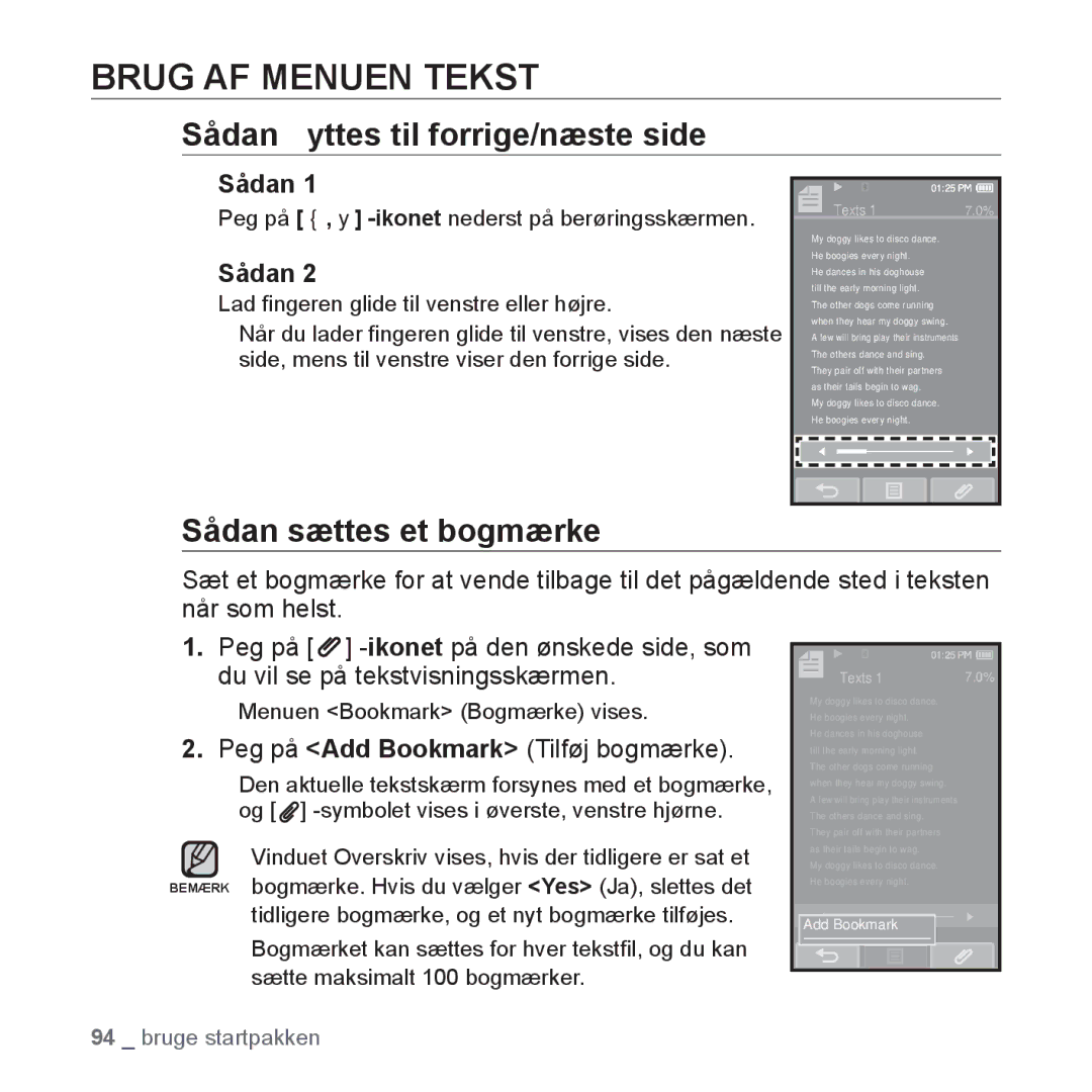 Samsung YP-P2JAB/XEE manual Brug AF Menuen Tekst, Sådan ﬂyttes til forrige/næste side, Peg på Add Bookmark Tilføj bogmærke 