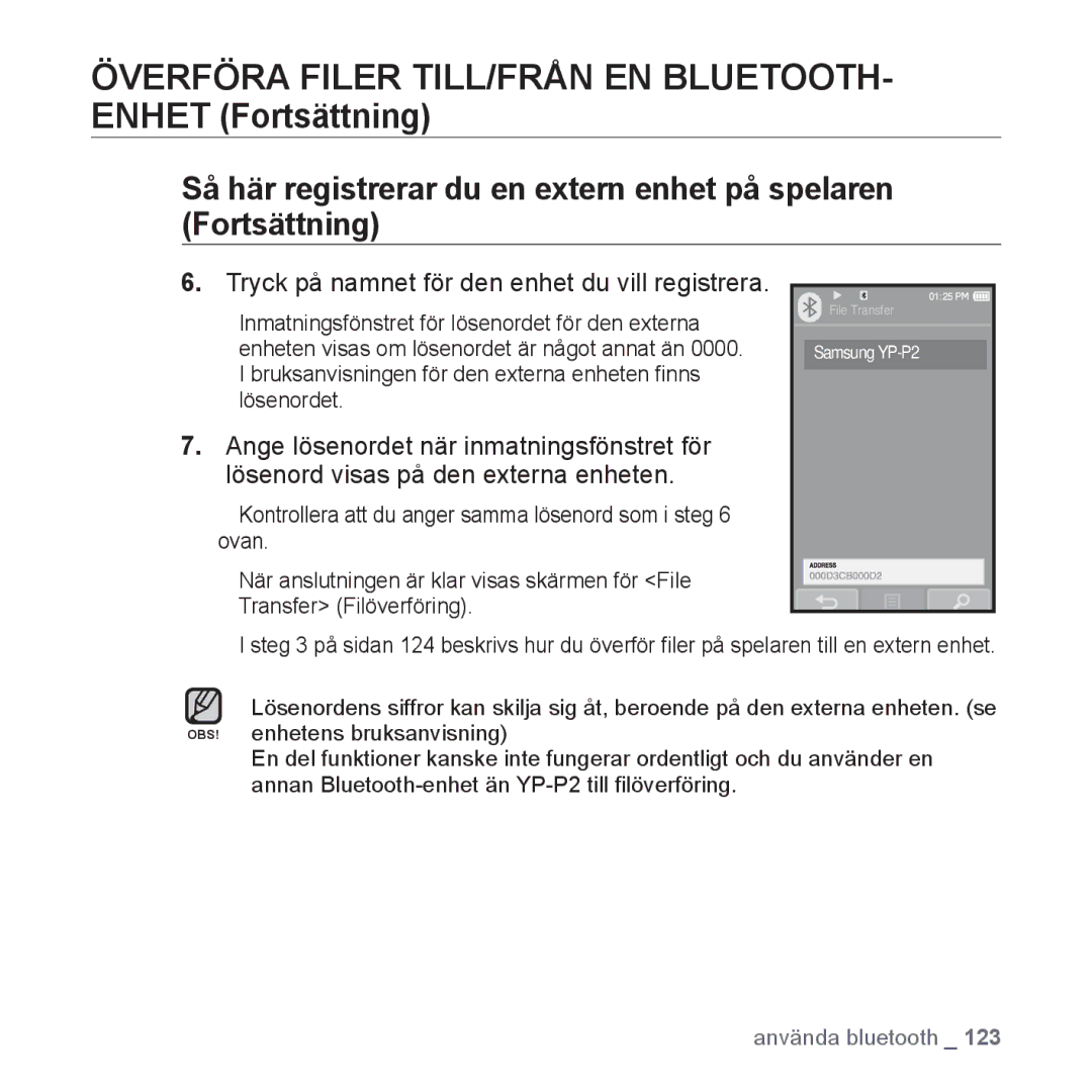 Samsung YP-P2JCW/XEE, YP-P2JEB/XEE, YP-P2JAW/XEE, YP-P2JCB/XEE Överföra Filer TILL/FRÅN EN BLUETOOTH- Enhet Fortsättning 