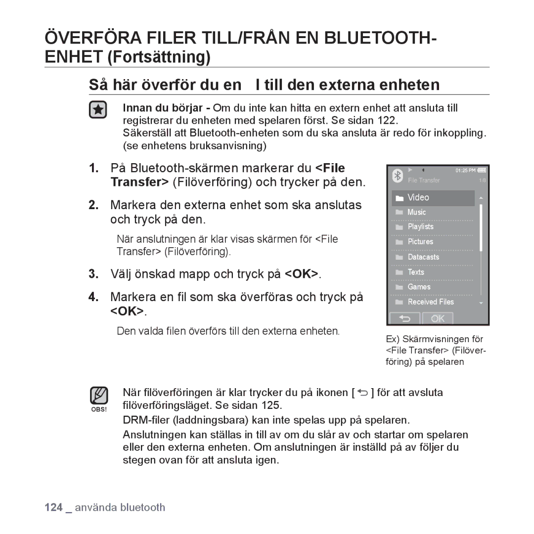 Samsung YP-P2JAB/XEE, YP-P2JEB/XEE Så här överför du en ﬁl till den externa enheten, På Bluetooth-skärmen markerar du File 