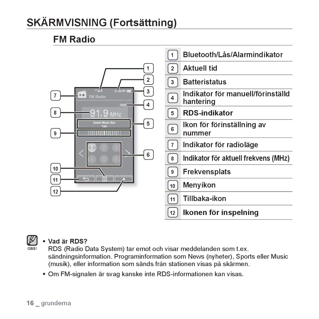 Samsung YP-P2JAW/XEE, YP-P2JEB/XEE FM Radio, Frekvensplats Menyikon Tillbaka-ikon Ikonen för inspelning, ƒ Vad är RDS? 