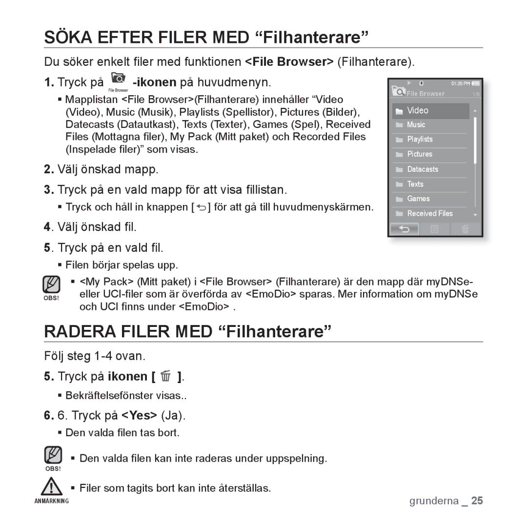 Samsung YP-P2JEB/XEE, YP-P2JAW/XEE manual Söka Efter Filer MED Filhanterare, Radera Filer MED Filhanterare, Tryck på ikonen 