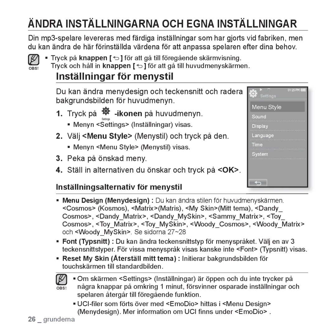 Samsung YP-P2JAW/XEE, YP-P2JEB/XEE, YP-P2JCB/XEE Ändra Inställningarna OCH Egna Inställningar, Inställningar för menystil 