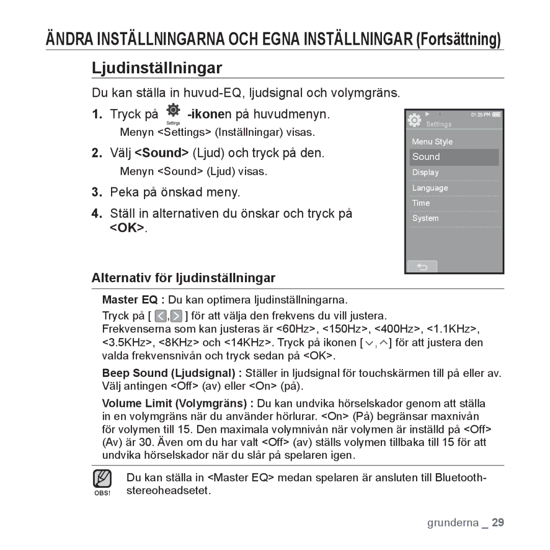 Samsung YP-P2JAB/XEE, YP-P2JEB/XEE Ljudinställningar, Välj Sound Ljud och tryck på den, Alternativ för ljudinställningar 