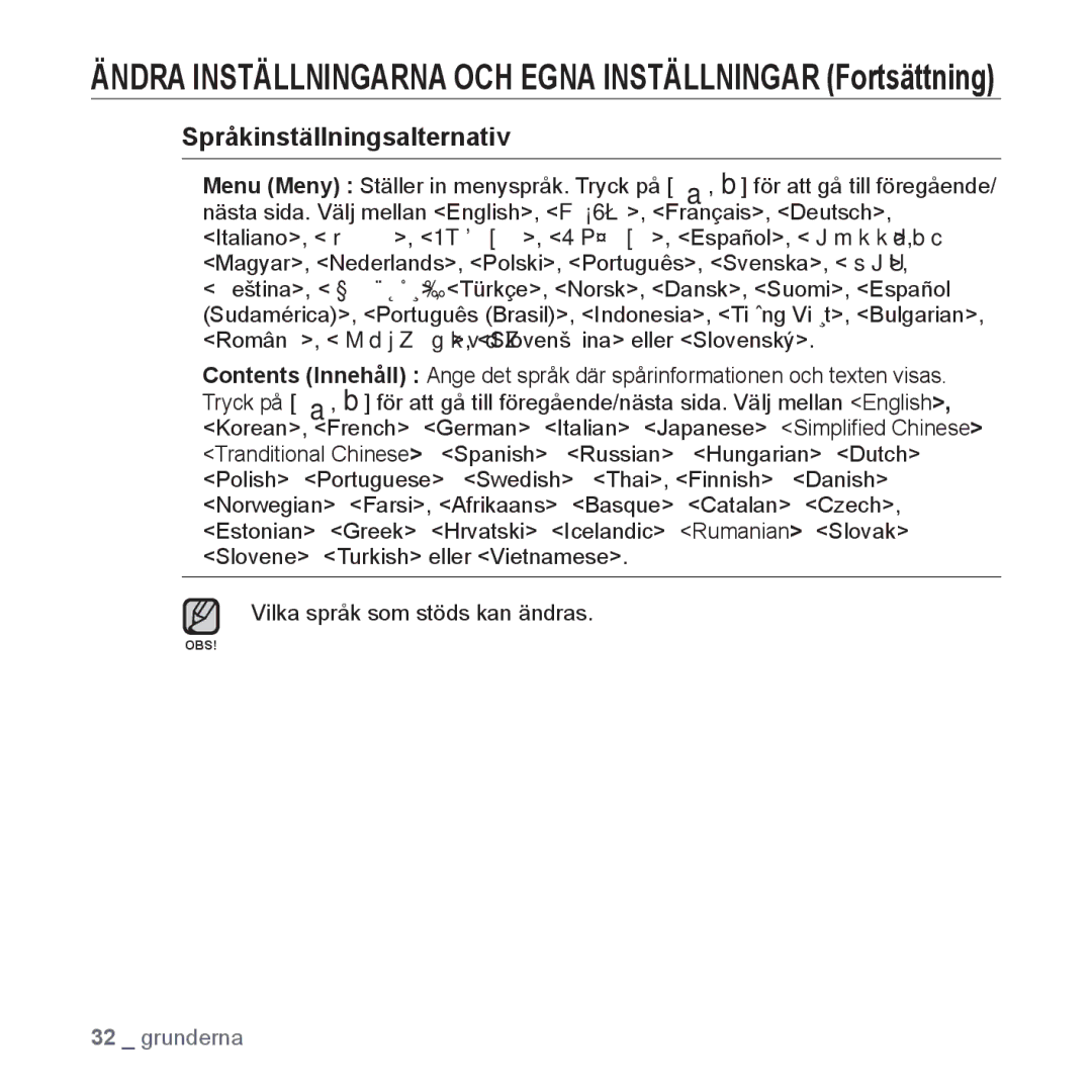 Samsung YP-P2JCB/XEE, YP-P2JEB/XEE, YP-P2JAW/XEE, YP-P2JCW/XEE, YP-P2JAB/XEE manual Språkinställningsalternativ 