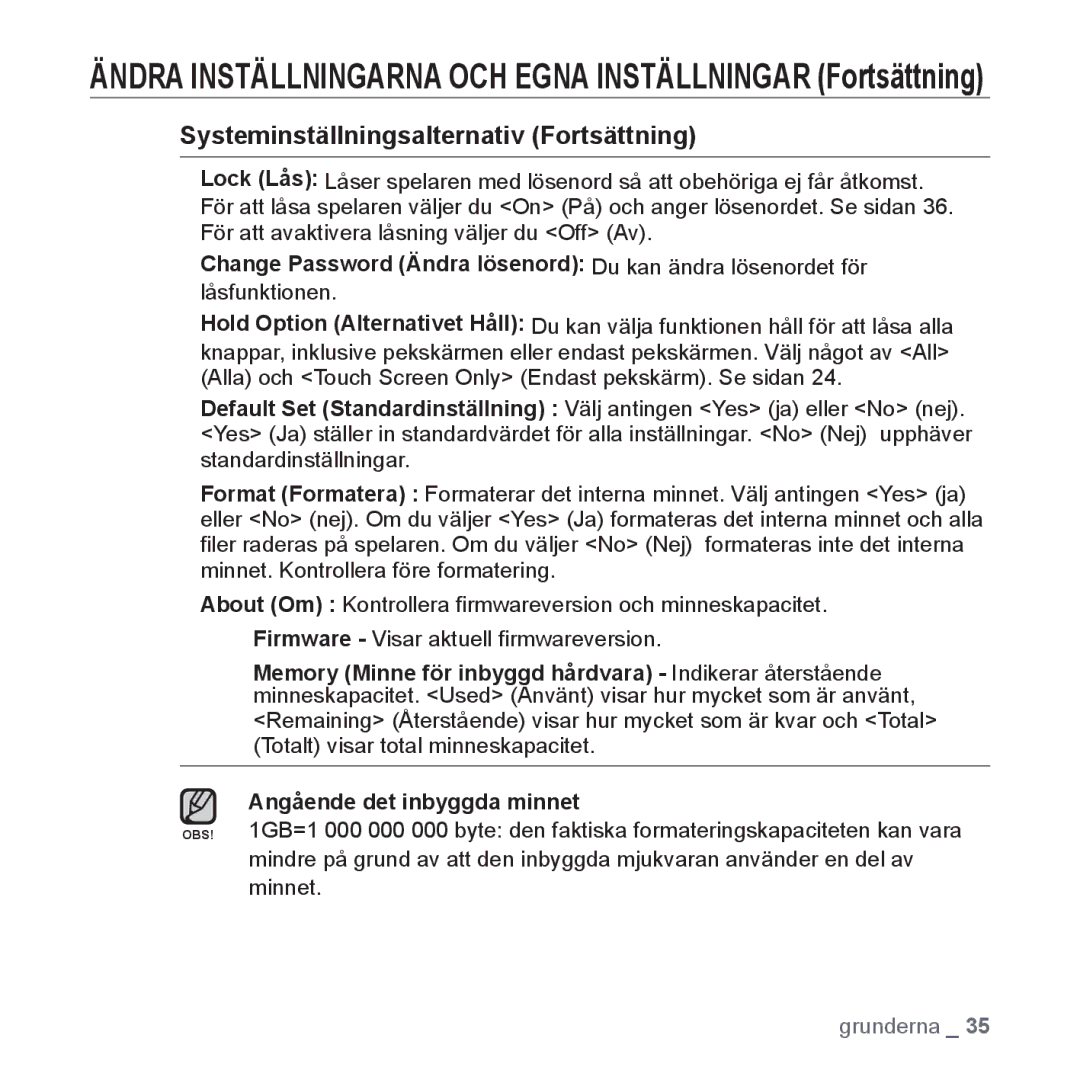 Samsung YP-P2JEB/XEE, YP-P2JAW/XEE, YP-P2JCB/XEE, YP-P2JCW/XEE, YP-P2JAB/XEE manual Systeminställningsalternativ Fortsättning 