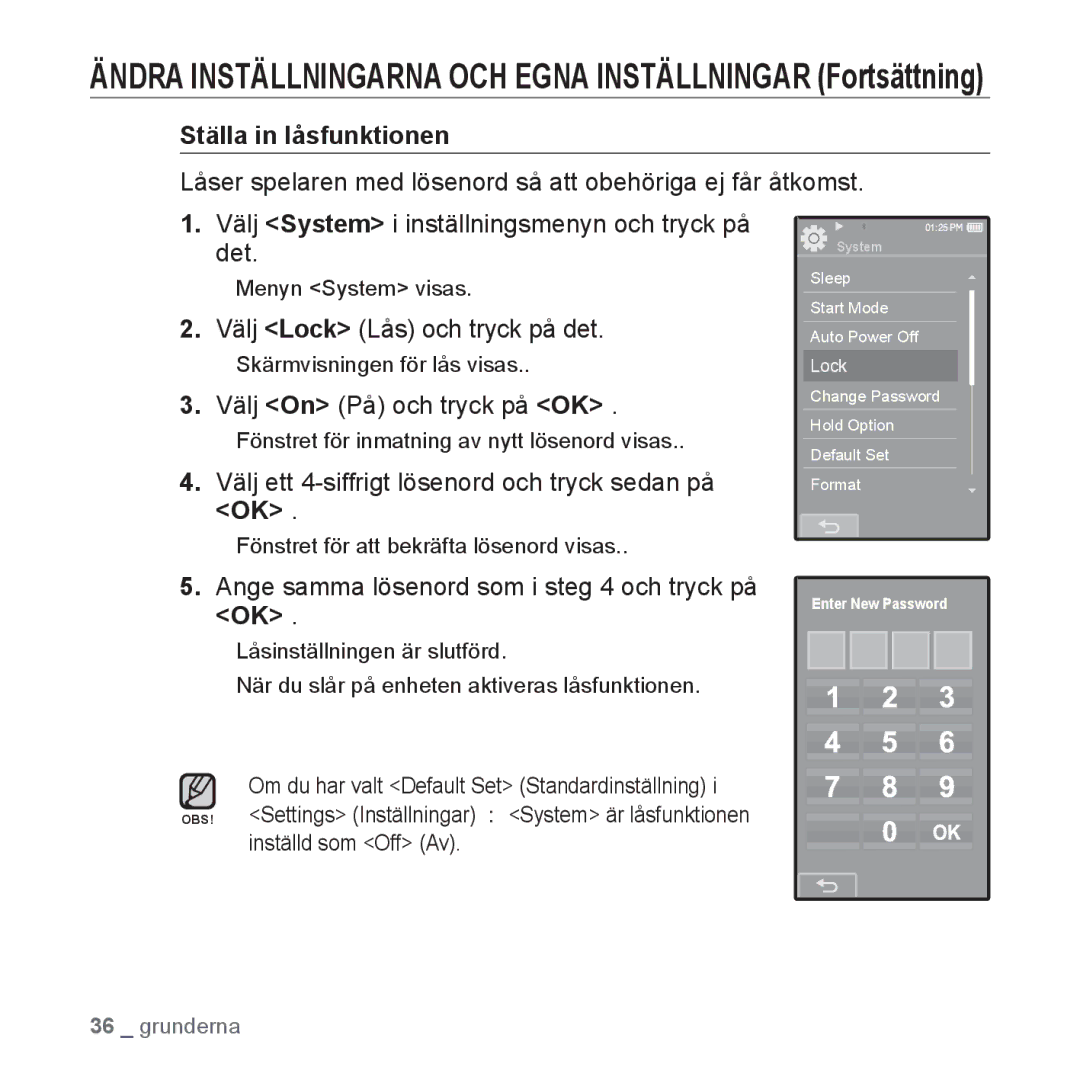 Samsung YP-P2JAW/XEE, YP-P2JEB/XEE Ställa in låsfunktionen, Välj Lock Lås och tryck på det, Välj On På och tryck på OK 