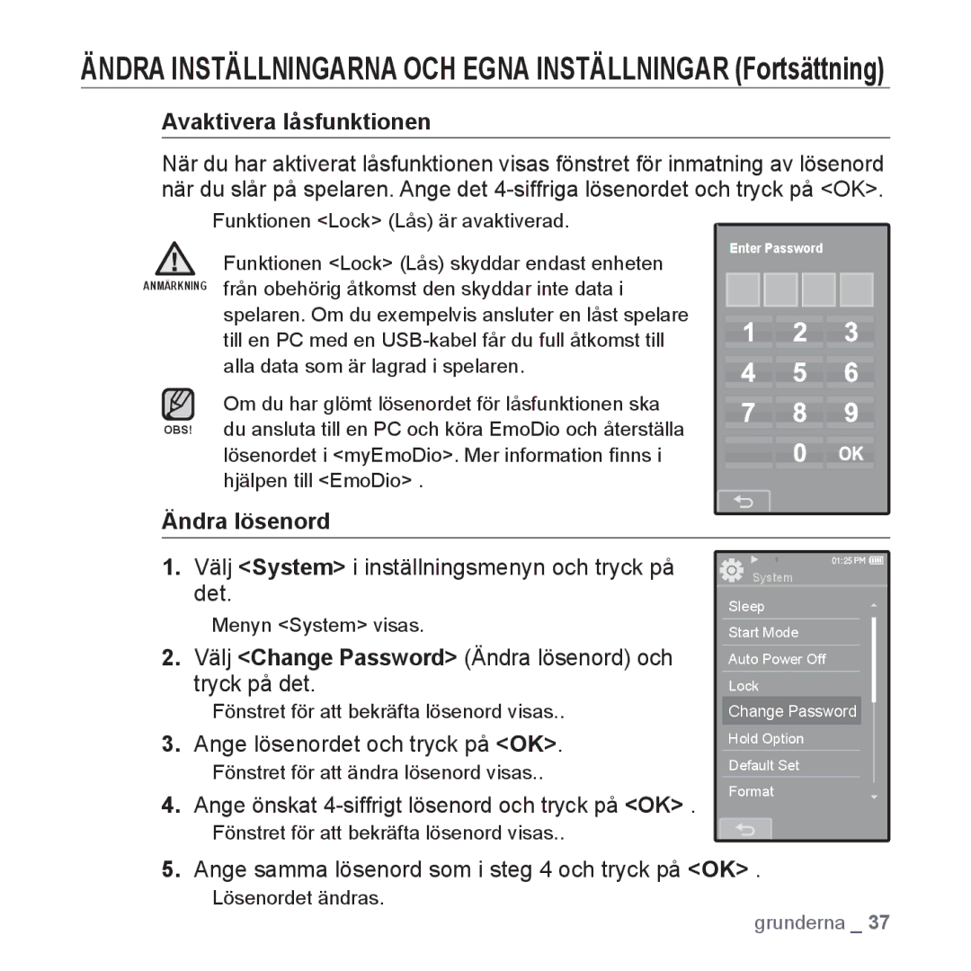 Samsung YP-P2JCB/XEE, YP-P2JEB/XEE manual Avaktivera låsfunktionen, Välj Change Password Ändra lösenord och tryck på det 