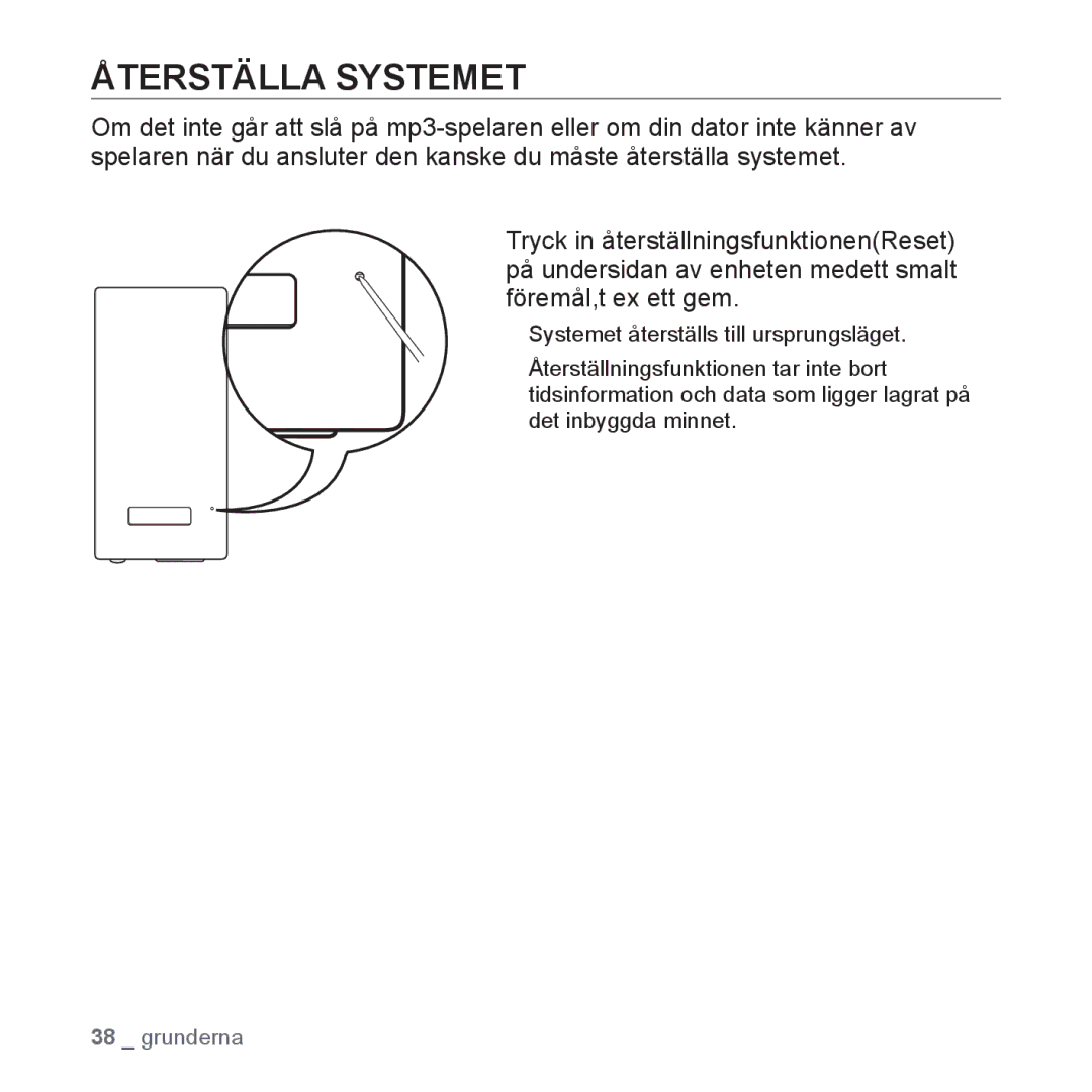 Samsung YP-P2JCW/XEE, YP-P2JEB/XEE, YP-P2JAW/XEE, YP-P2JCB/XEE, YP-P2JAB/XEE manual Återställa Systemet 