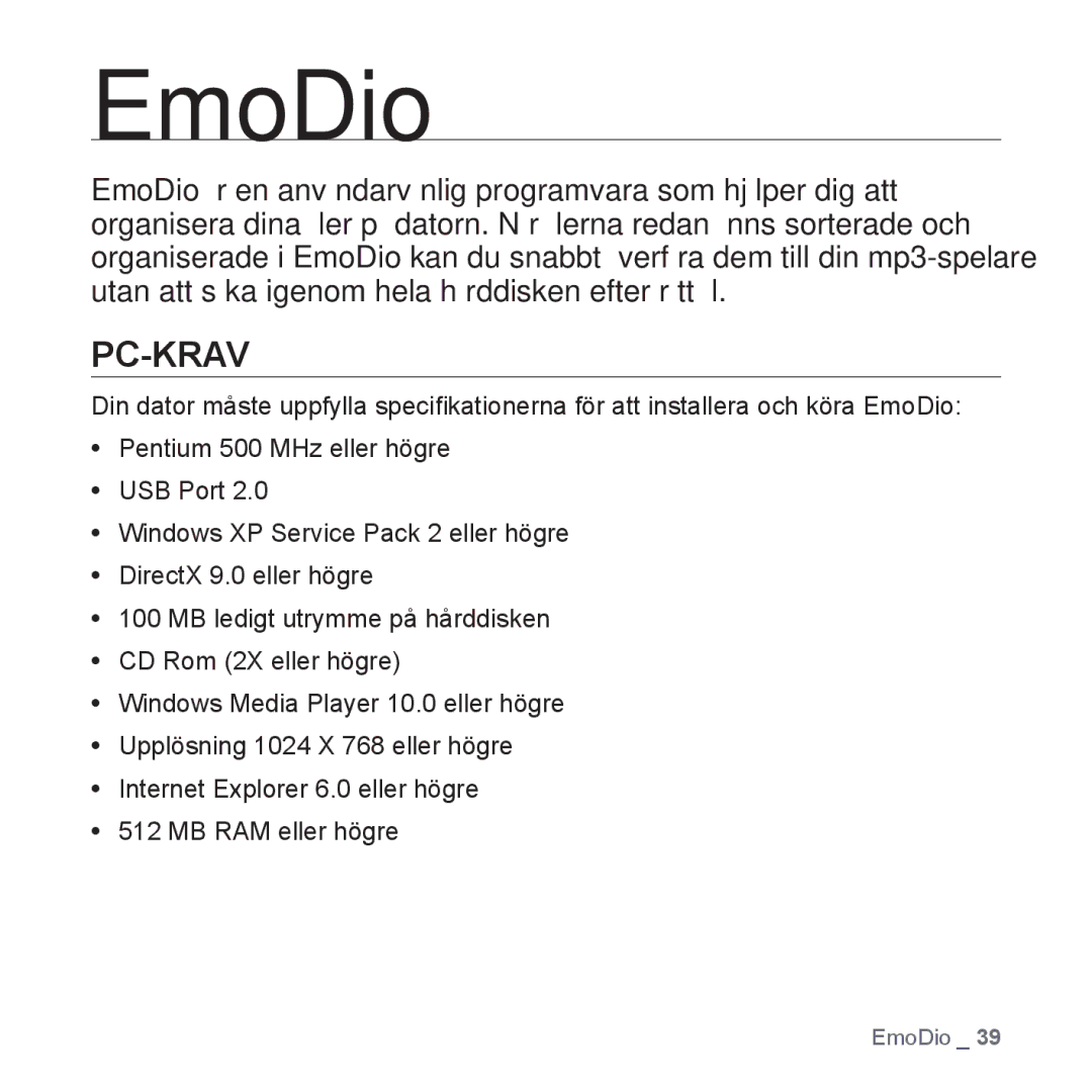 Samsung YP-P2JAB/XEE, YP-P2JEB/XEE, YP-P2JAW/XEE, YP-P2JCB/XEE, YP-P2JCW/XEE manual EmoDio, Pc-Krav 