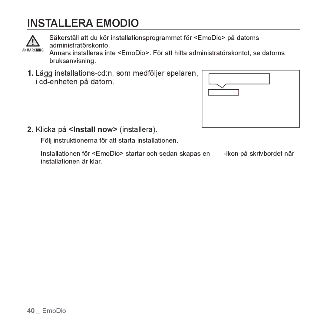 Samsung YP-P2JEB/XEE, YP-P2JAW/XEE, YP-P2JCB/XEE, YP-P2JCW/XEE, YP-P2JAB/XEE manual Installera Emodio 