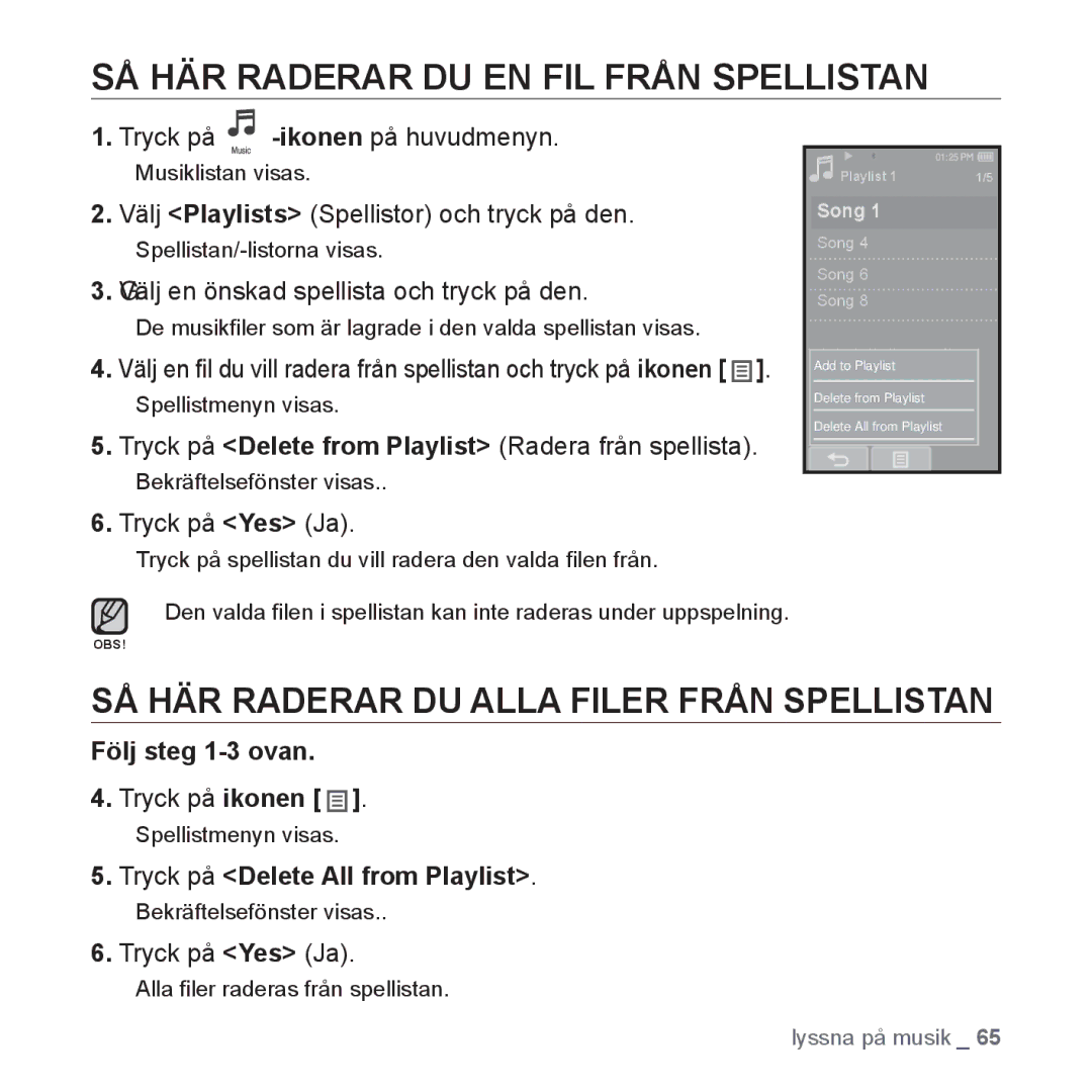 Samsung YP-P2JEB/XEE, YP-P2JAW/XEE SÅ HÄR Raderar DU EN FIL Från Spellistan, SÅ HÄR Raderar DU Alla Filer Från Spellistan 