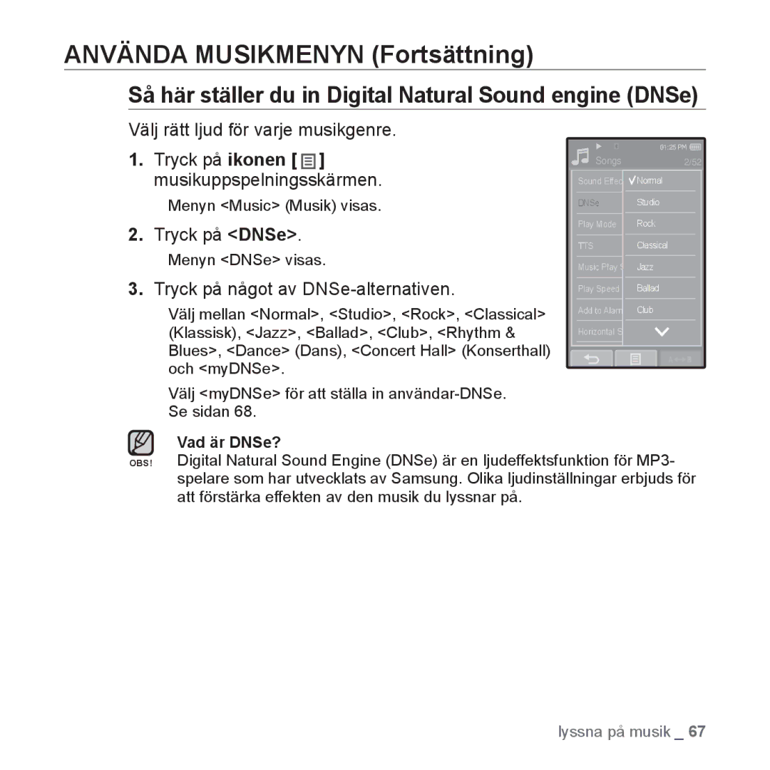 Samsung YP-P2JCB/XEE, YP-P2JEB/XEE, YP-P2JAW/XEE manual Använda Musikmenyn Fortsättning, Välj rätt ljud för varje musikgenre 