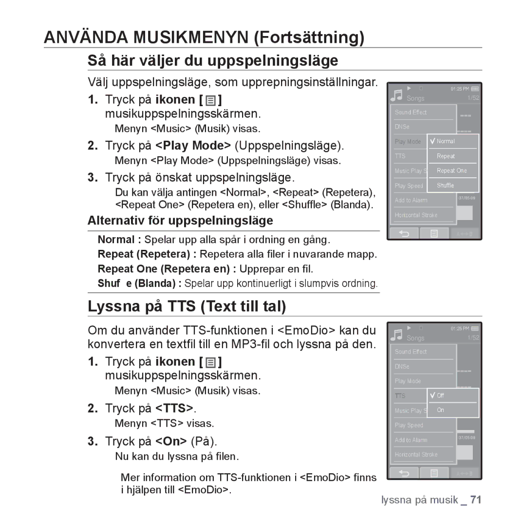 Samsung YP-P2JAW/XEE manual Så här väljer du uppspelningsläge, Lyssna på TTS Text till tal, Alternativ för uppspelningsläge 