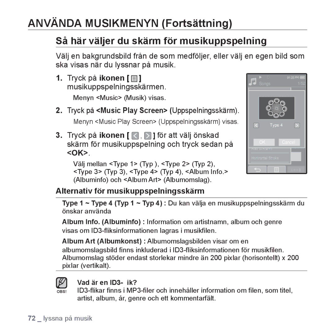 Samsung YP-P2JCB/XEE, YP-P2JEB/XEE manual Så här väljer du skärm för musikuppspelning, Alternativ för musikuppspelningsskärm 