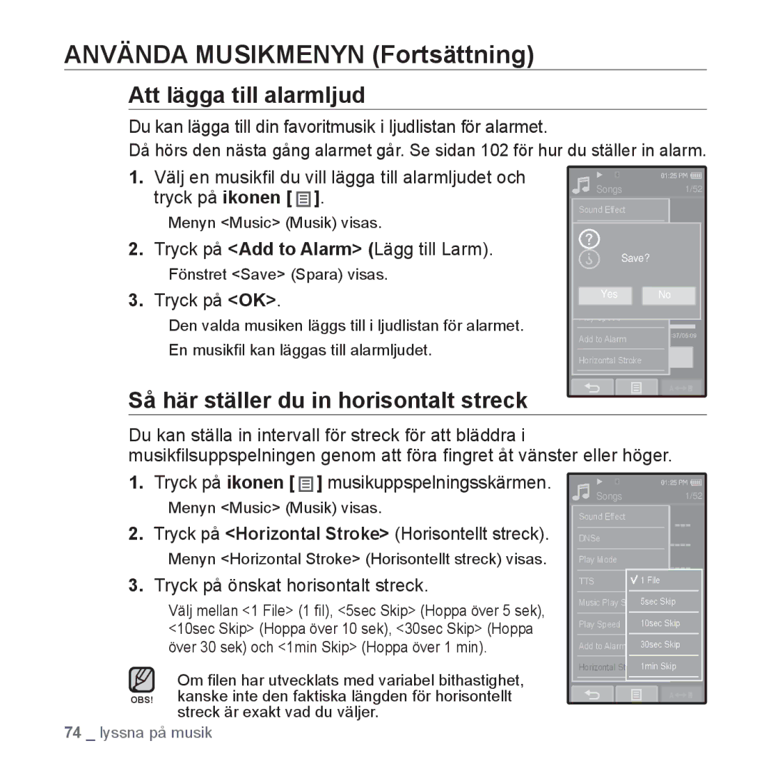 Samsung YP-P2JAB/XEE manual Att lägga till alarmljud, Tryck på Add to Alarm Lägg till Larm, ƒ Fönstret Save Spara visas 