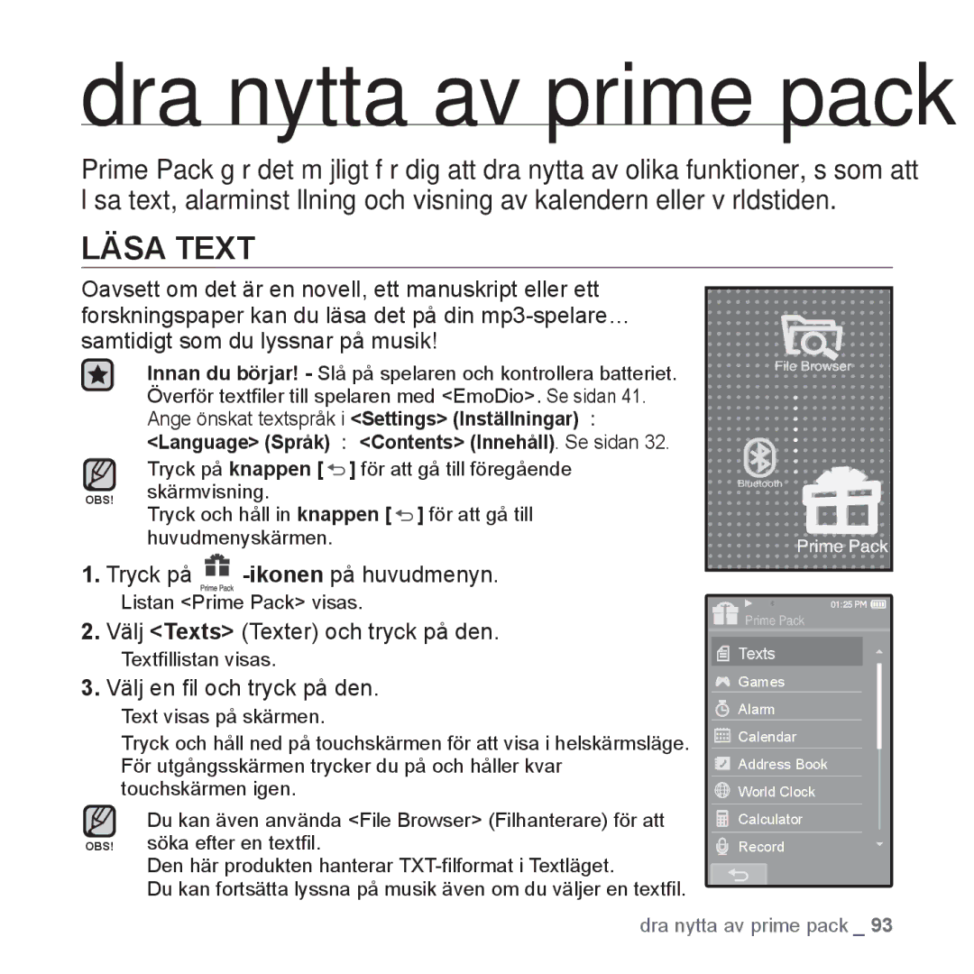 Samsung YP-P2JCW/XEE, YP-P2JEB/XEE, YP-P2JAW/XEE Dra nytta av prime pack, Läsa Text, Välj Texts Texter och tryck på den 