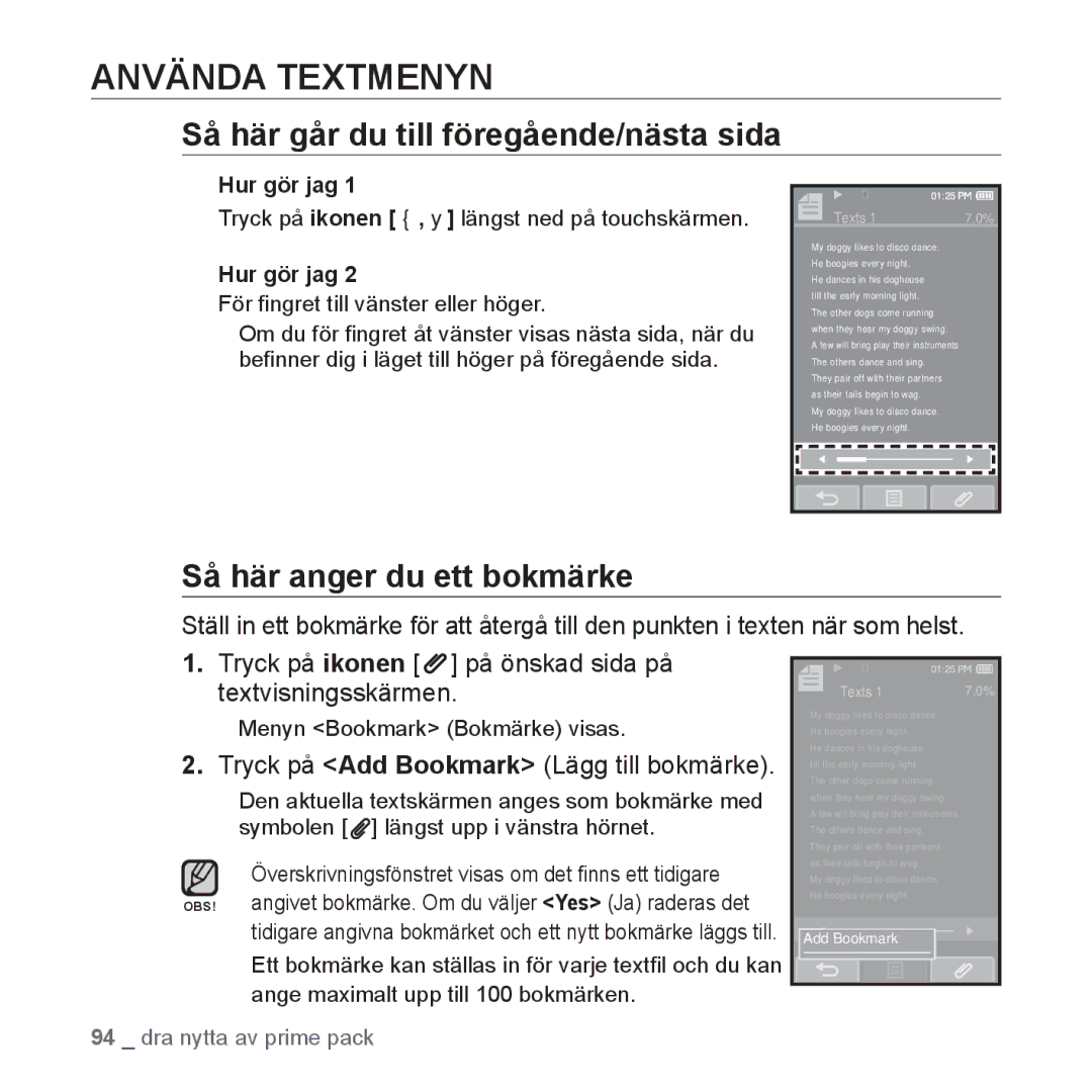 Samsung YP-P2JAB/XEE Använda Textmenyn, Så här går du till föregående/nästa sida, Tryck på Add Bookmark Lägg till bokmärke 