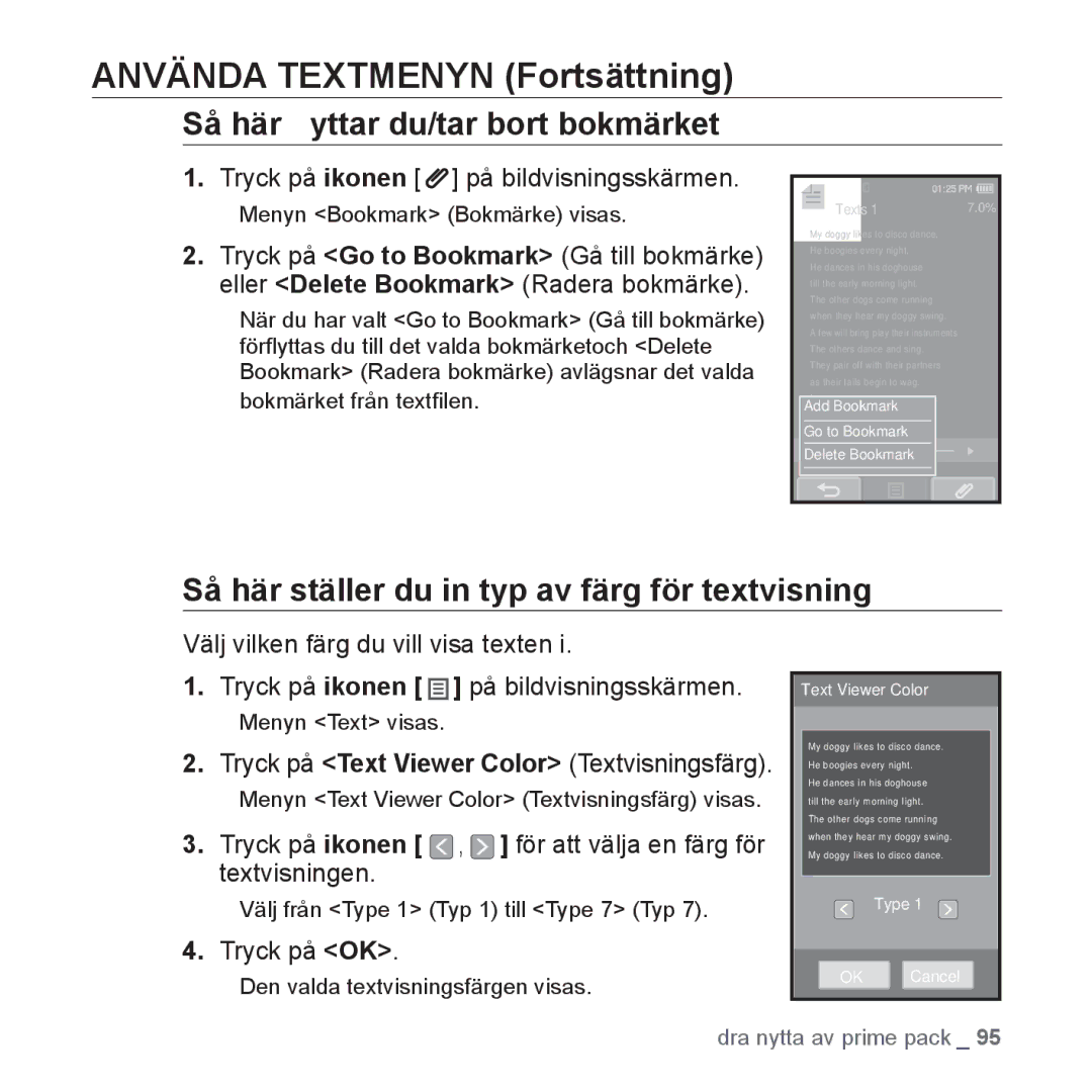 Samsung YP-P2JEB/XEE manual Använda Textmenyn Fortsättning, Så här ställer du in typ av färg för textvisning, Textvisningen 