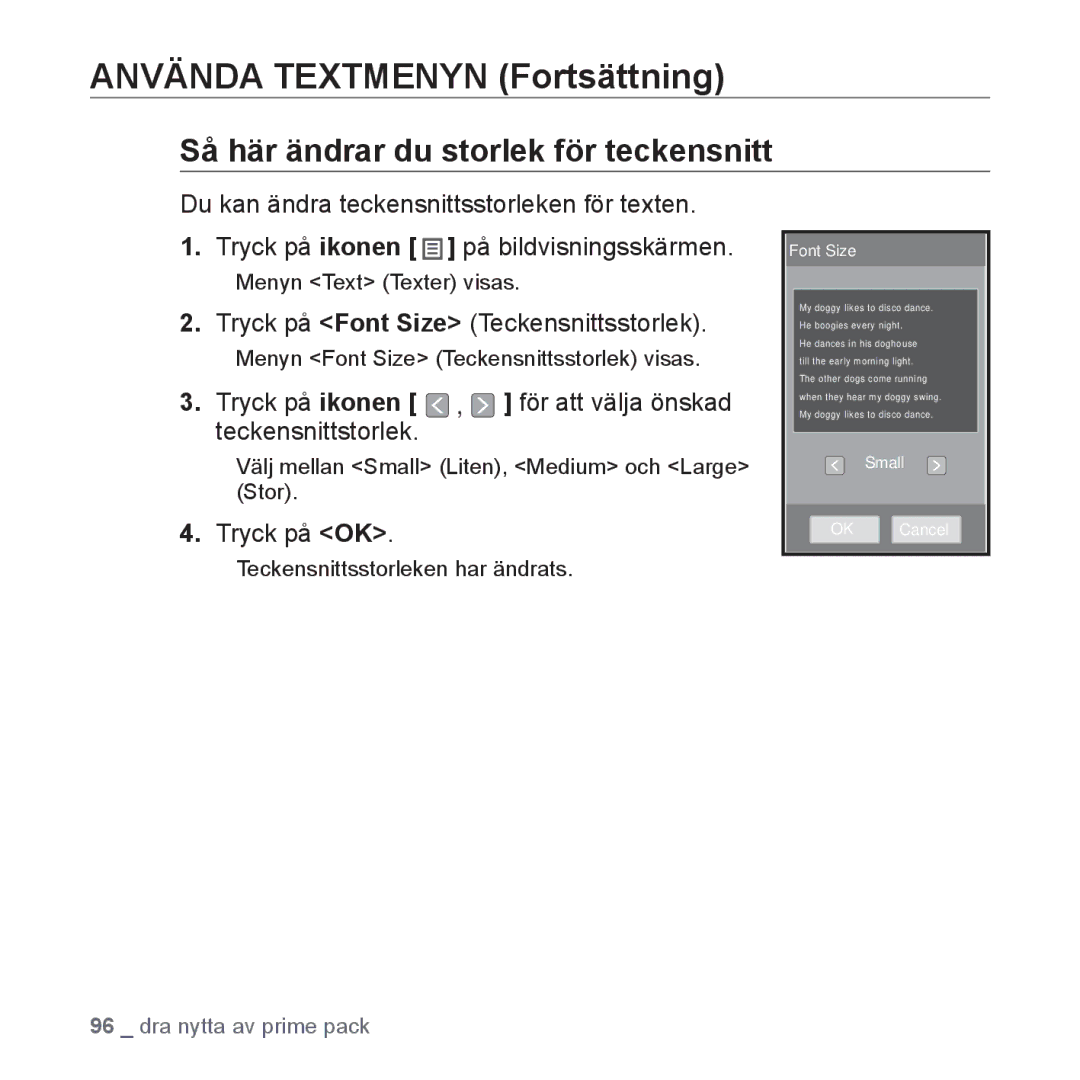 Samsung YP-P2JAW/XEE, YP-P2JEB/XEE manual Så här ändrar du storlek för teckensnitt, Tryck på Font Size Teckensnittsstorlek 