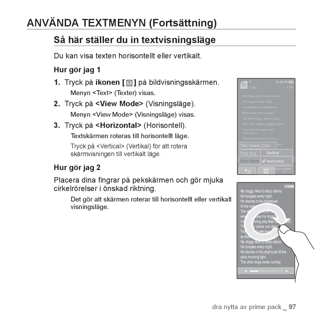 Samsung YP-P2JCB/XEE, YP-P2JEB/XEE Så här ställer du in textvisningsläge, Du kan visa texten horisontellt eller vertikalt 