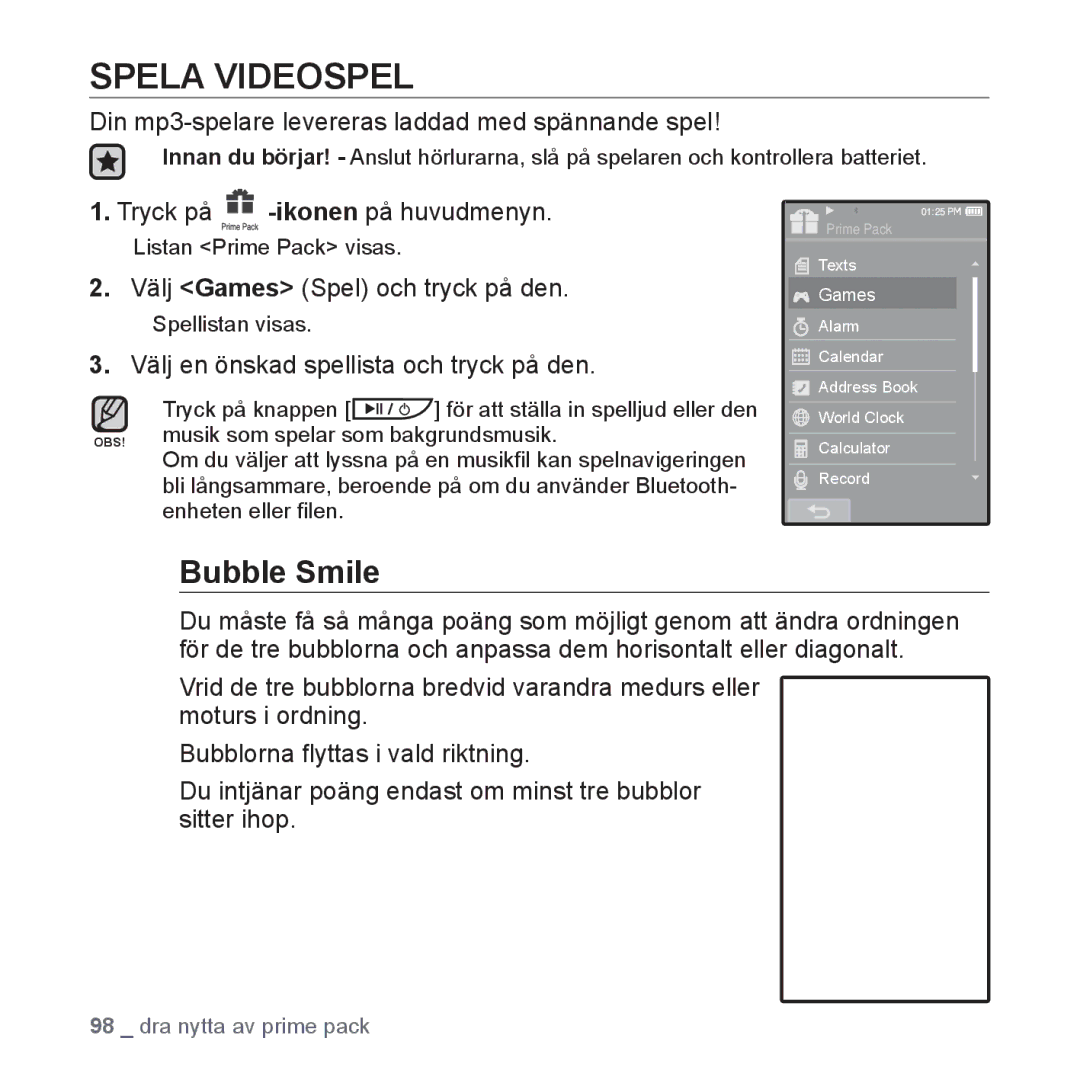 Samsung YP-P2JCW/XEE, YP-P2JEB/XEE manual Spela Videospel, Bubble Smile, Din mp3-spelare levereras laddad med spännande spel 