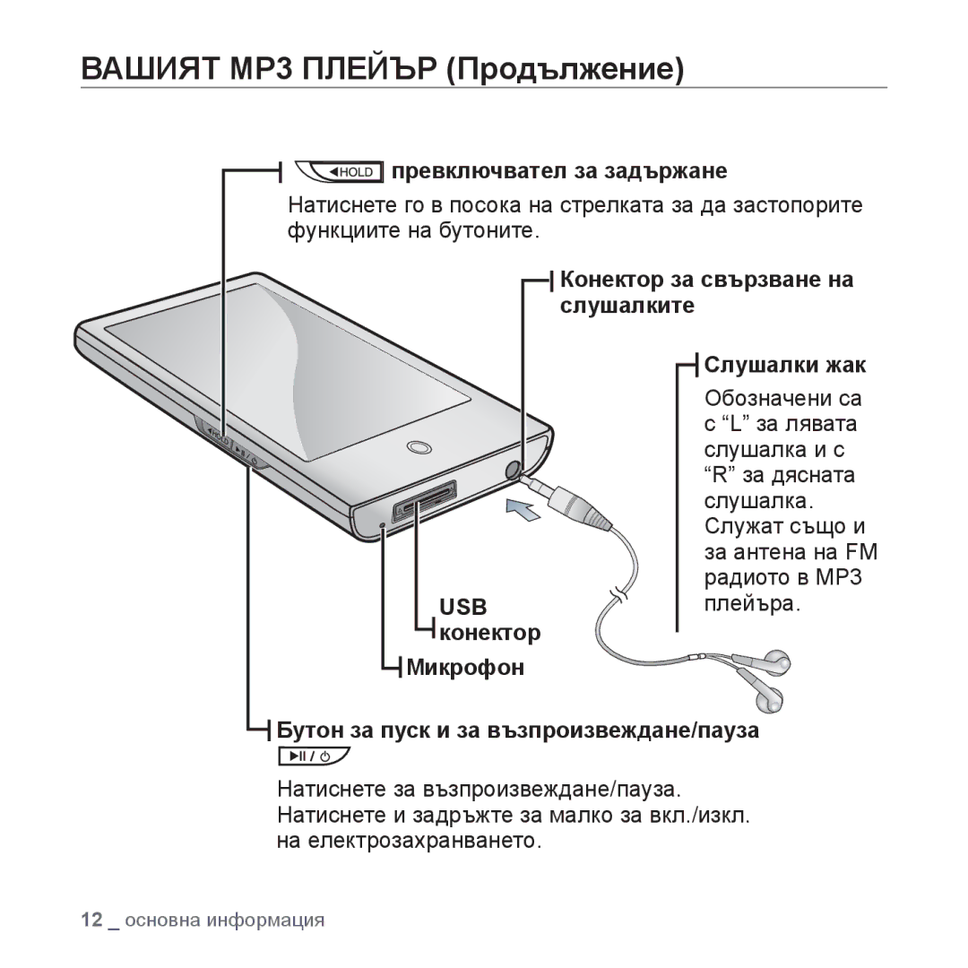 Samsung YP-P2JQB/XET manual Вашият MP3 Плейър Продължение, Превключвател за задържане, Конектор за свързване на слушалките 