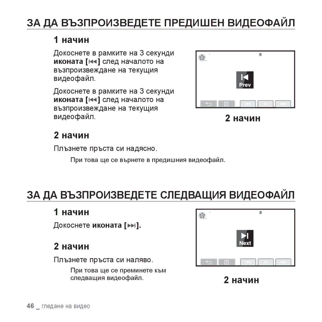 Samsung YP-P2JAB/XEO ЗА ДА Възпроизведете Предишен Видеофайл, ЗА ДА Възпроизведете Следващия Видеофайл, Докоснете иконата 