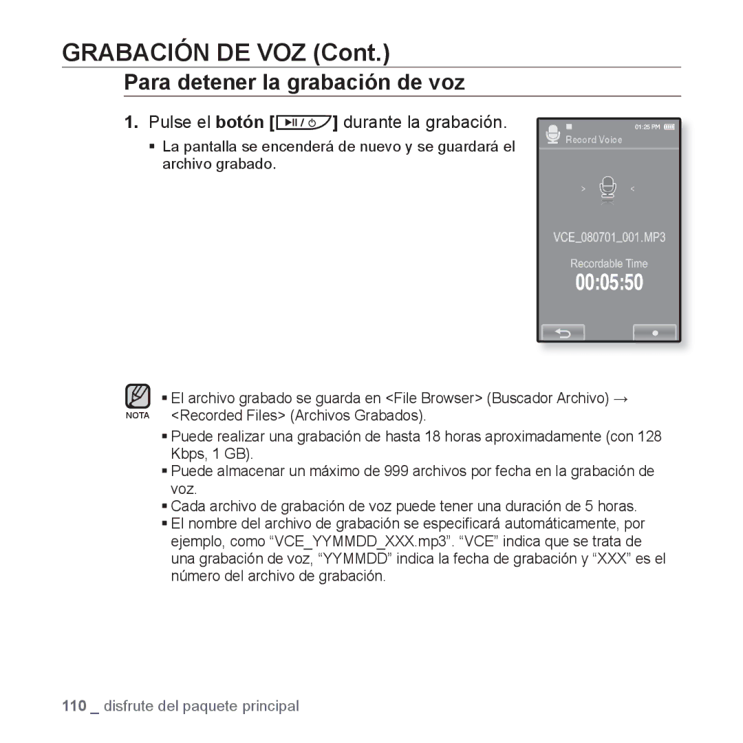 Samsung YP-P2JAW/XET, YP-P2JQB/XET, YP-P2JAB/XET manual Grabación DE VOZ, Para detener la grabación de voz, Pulse el botón 