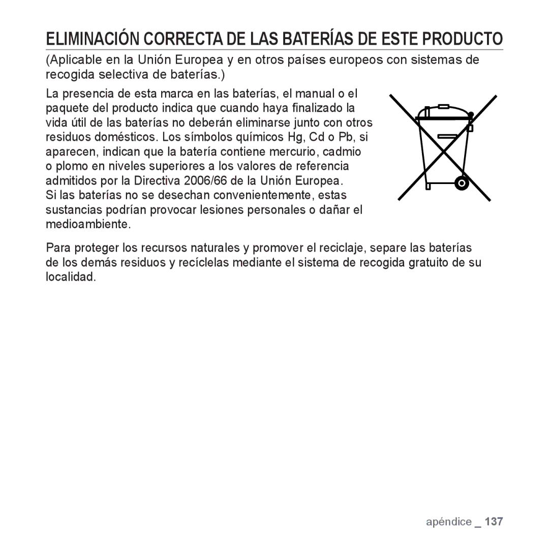 Samsung YP-P2JCB/XEO, YP-P2JQB/XET, YP-P2JAB/XET, YP-P2JAW/XET manual Eliminación Correcta DE LAS Baterías DE Este Producto 