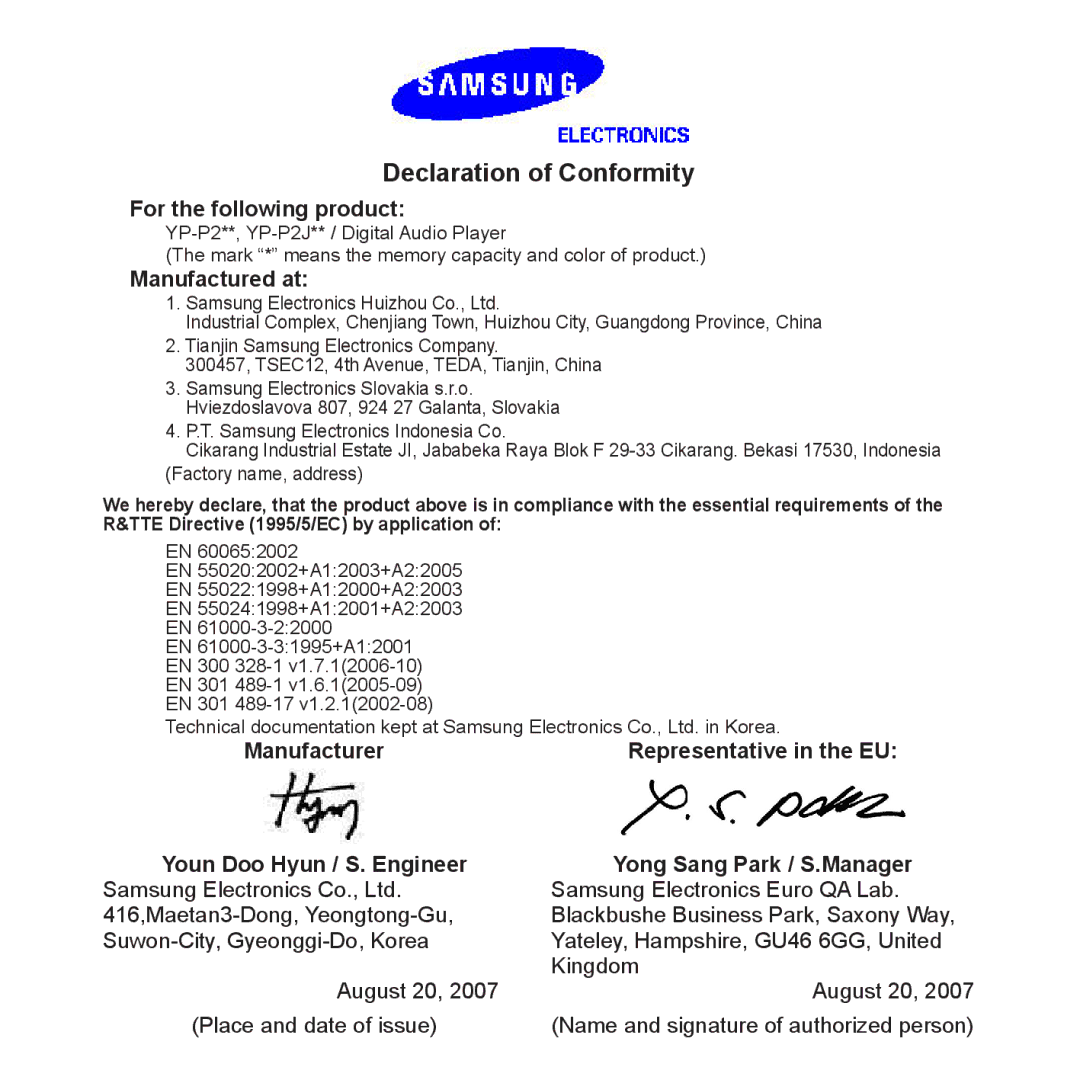 Samsung YP-P2JAB/XEO, YP-P2JQB/XET, YP-P2JAB/XET, YP-P2JAW/XET manual Declaration of Conformity, For the following product 