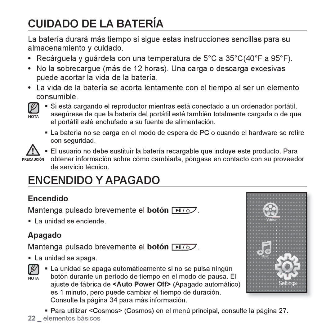 Samsung YP-P2JQW/XET, YP-P2JQB/XET manual Cuidado DE LA Batería, Encendido Y Apagado, Mantenga pulsado brevemente el botón 