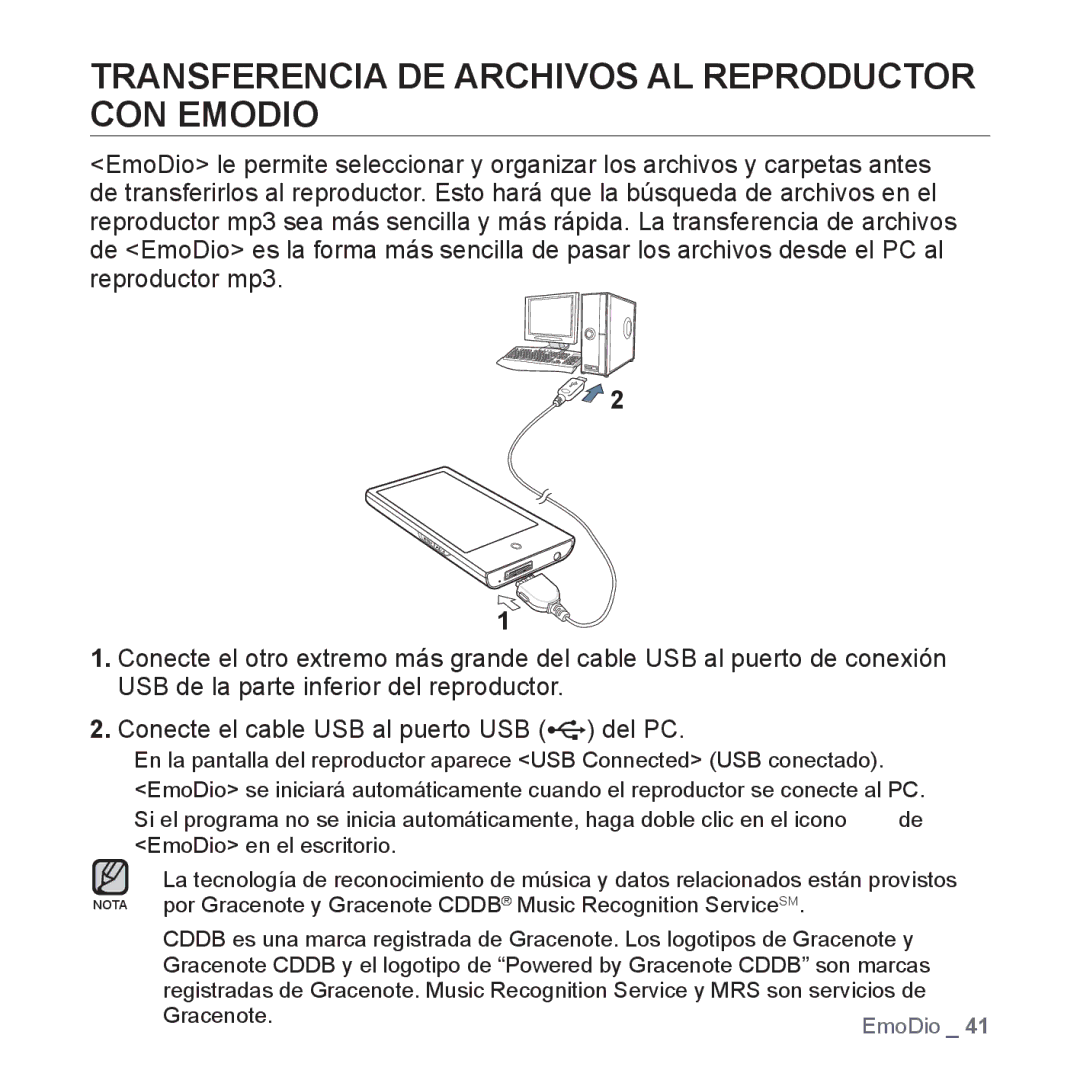 Samsung YP-P2JCB/XEO, YP-P2JQB/XET, YP-P2JAB/XET, YP-P2JAW/XET manual Transferencia DE Archivos AL Reproductor CON Emodio 