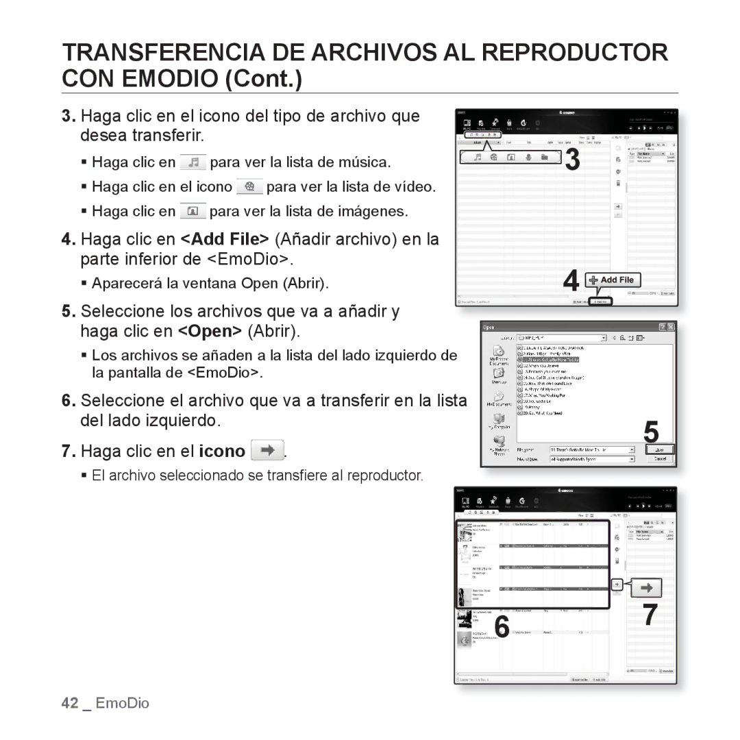 Samsung YP-P2JAB/XEO, YP-P2JQB/XET, YP-P2JAB/XET, YP-P2JAW/XET manual Transferencia DE Archivos AL Reproductor CON Emodio 