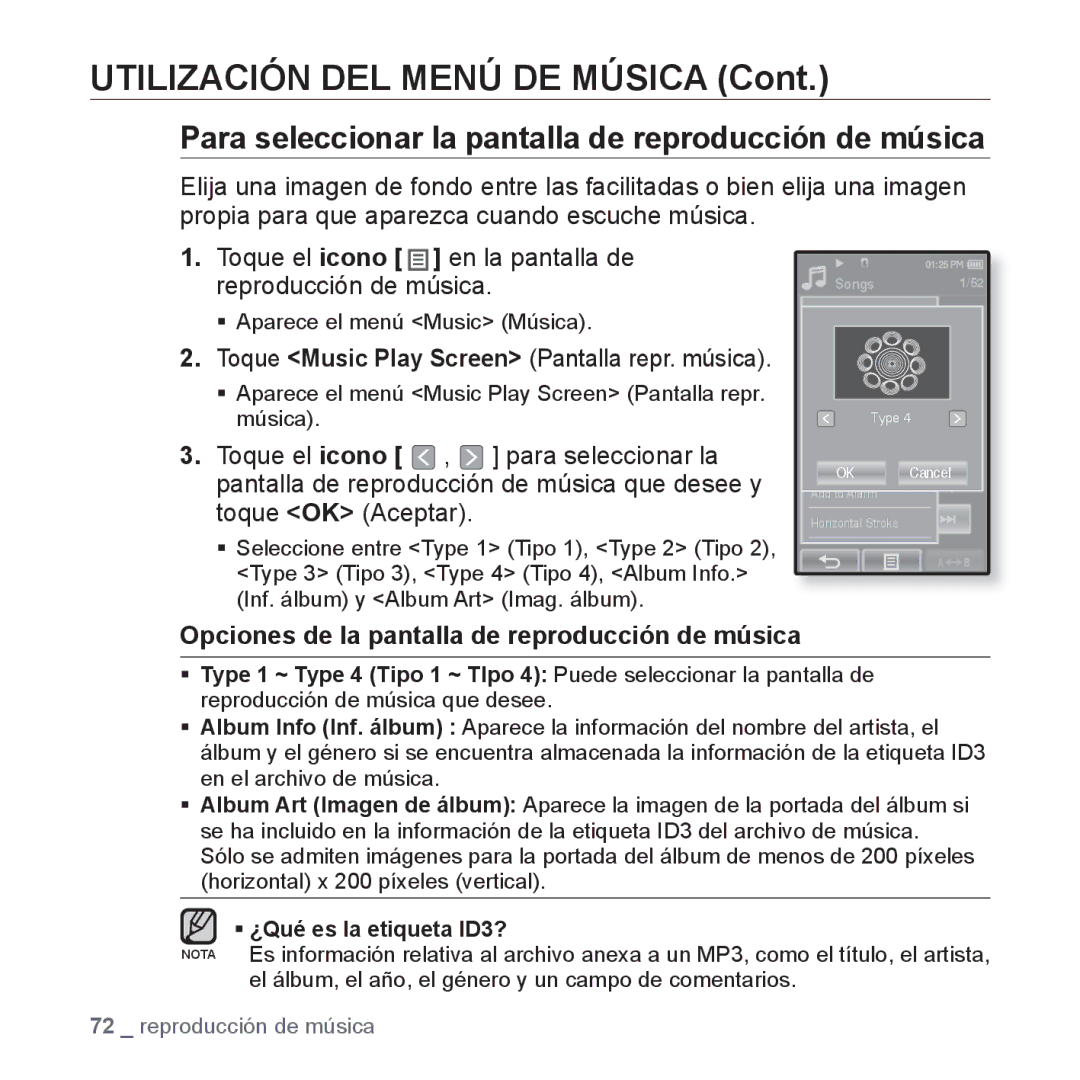 Samsung YP-P2JQB/XET, YP-P2JAB/XET, YP-P2JAW/XET, YP-P2JCB/XET manual Para seleccionar la pantalla de reproducción de música 