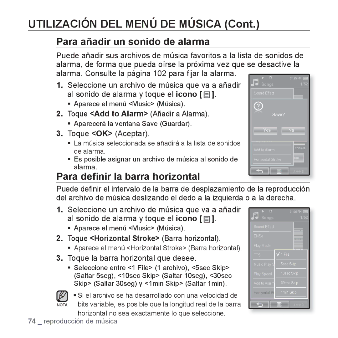 Samsung YP-P2JAW/XET, YP-P2JQB/XET, YP-P2JAB/XET manual Para añadir un sonido de alarma, Toque Add to Alarm Añadir a Alarma 