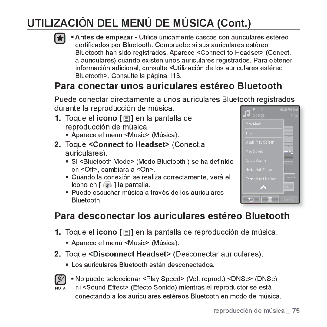 Samsung YP-P2JCB/XET manual Toque Connect to Headset Conect.a auriculares, Toque Disconnect Headset Desconectar auriculares 