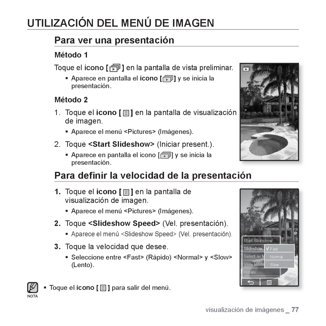 Samsung YP-P2JCB/XEO, YP-P2JQB/XET, YP-P2JAB/XET, YP-P2JAW/XET Utilización DEL Menú DE Imagen, Para ver una presentación 