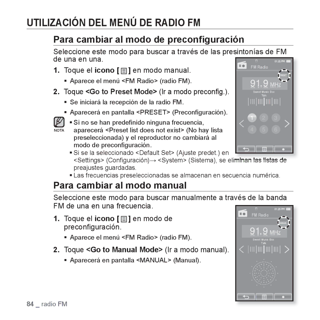 Samsung YP-P2JQB/XET manual Utilización DEL Menú DE Radio FM, Para cambiar al modo de preconﬁguración, De una en una 