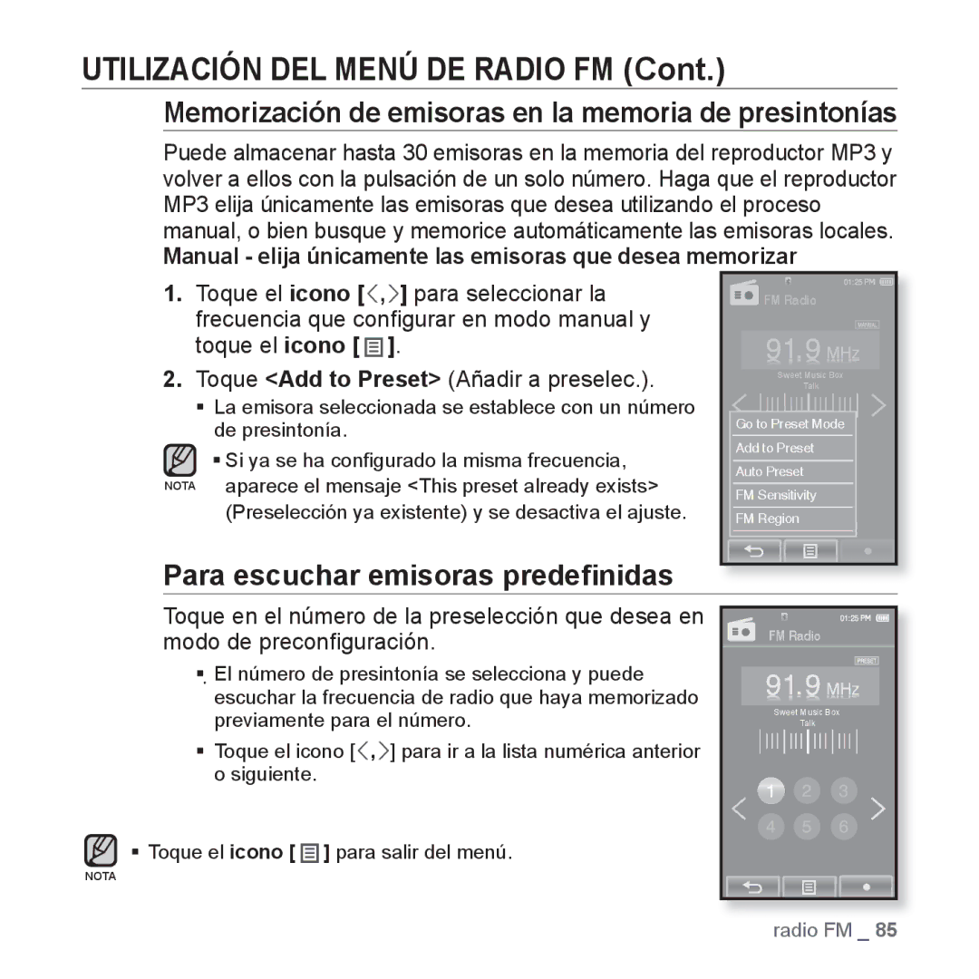 Samsung YP-P2JAB/XET manual Utilización DEL Menú DE Radio FM, Memorización de emisoras en la memoria de presintonías 