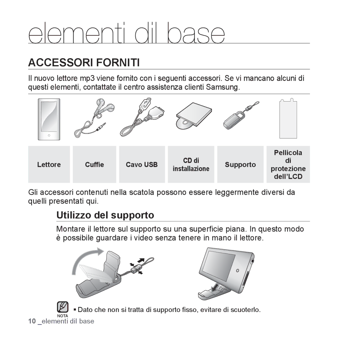 Samsung YP-P2JAW/XET manual Elementi diI base, Accessori Forniti, Utilizzo del supporto, Lettore Cufﬁe Cavo USB Supporto 