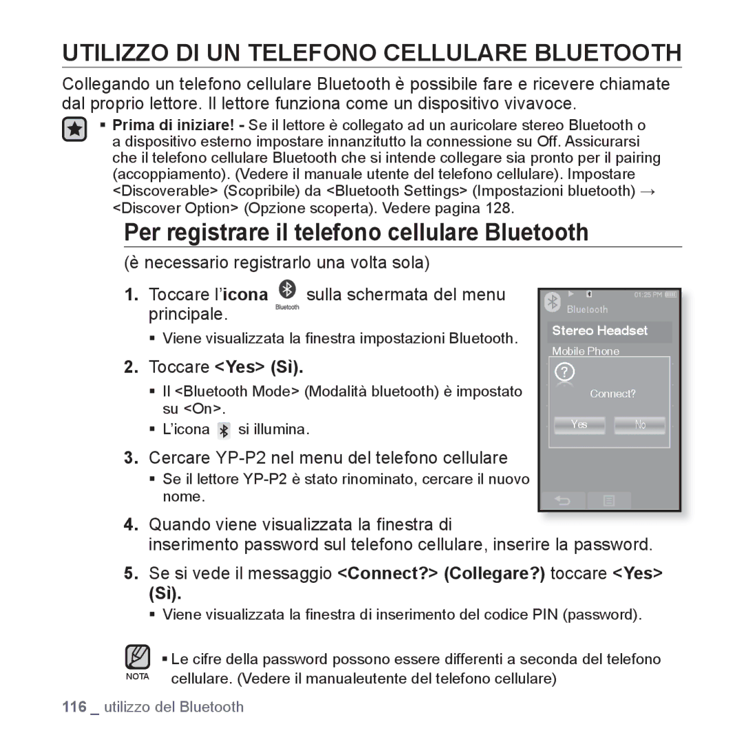 Samsung YP-P2JQB/XET manual Utilizzo DI UN Telefono Cellulare Bluetooth, Per registrare il telefono cellulare Bluetooth 